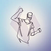 Line art illustration of a figure with a raised fist on a soft blue-to-purple gradient background.