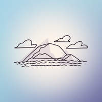 Line art illustration of a rock formation surrounded by waves and clouds.