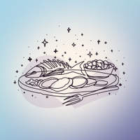 Line art illustration of a whole fish on a platter with bread and a side dish, surrounded by sparkles.