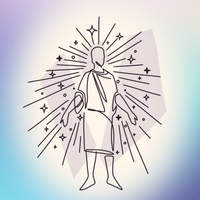 Line art illustration of a robed figure standing with outstretched hands, radiating beams of light and surrounded by stars.
