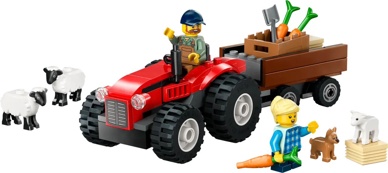 Red Farm Tractor with Trailer & Sheep