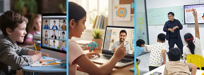 BrightCHAMPS live coding class with mentor, showing coding schools for kids.