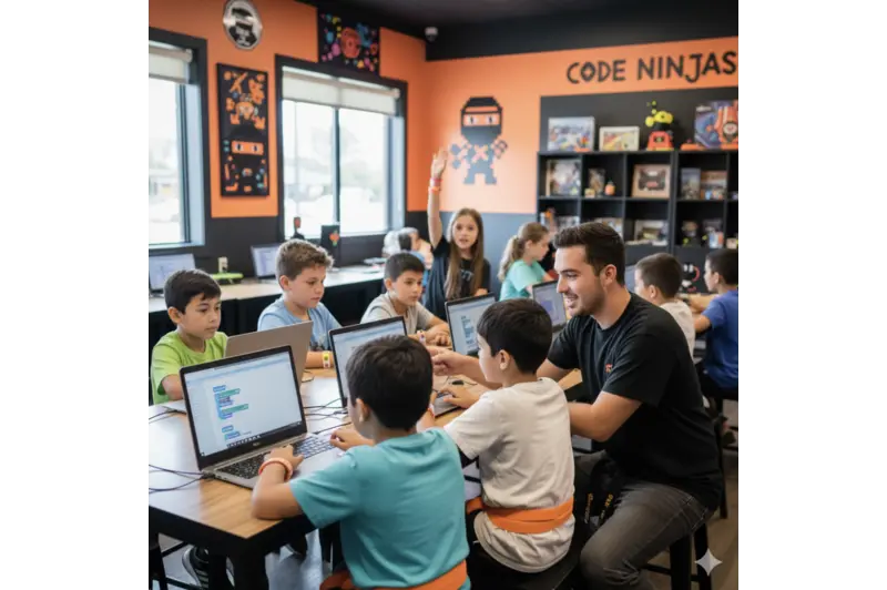Kids coding in an in-person Dojo class, representing coding for kids and coding schools for kids.