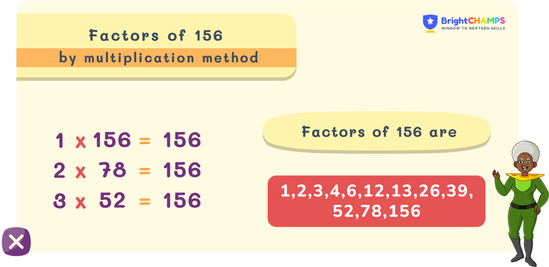 Factors of 156 by multiplication method