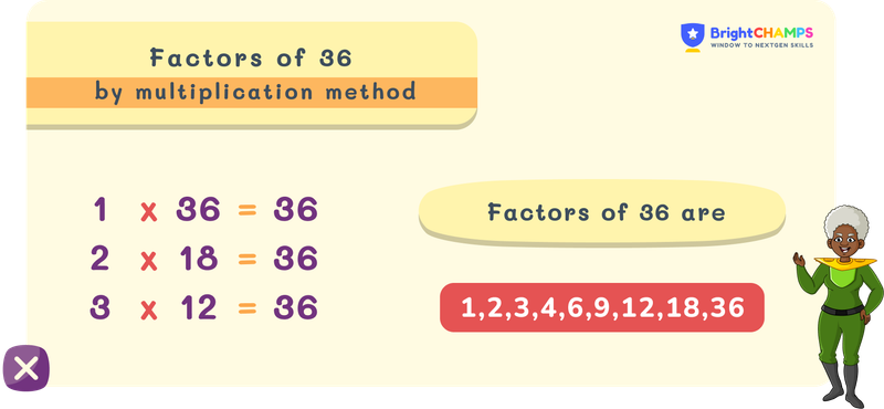 Factors of 36 by multiplication method