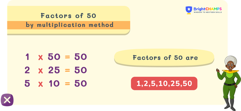 Factors of 50 by multiplication method