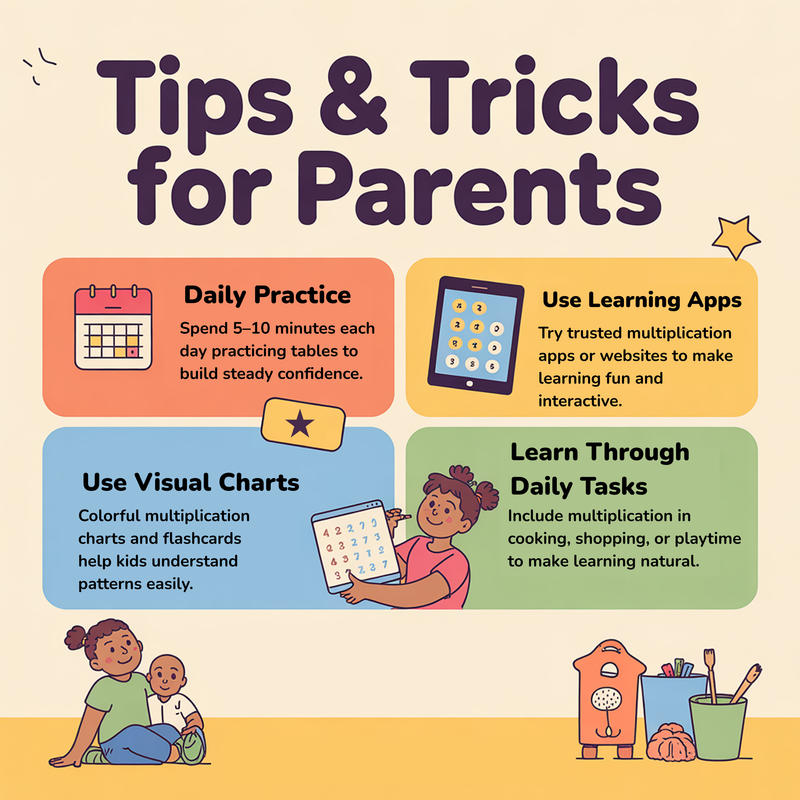 Infographic for parents showing ways to help kids learn multiplication through practice, charts, and daily tasks.