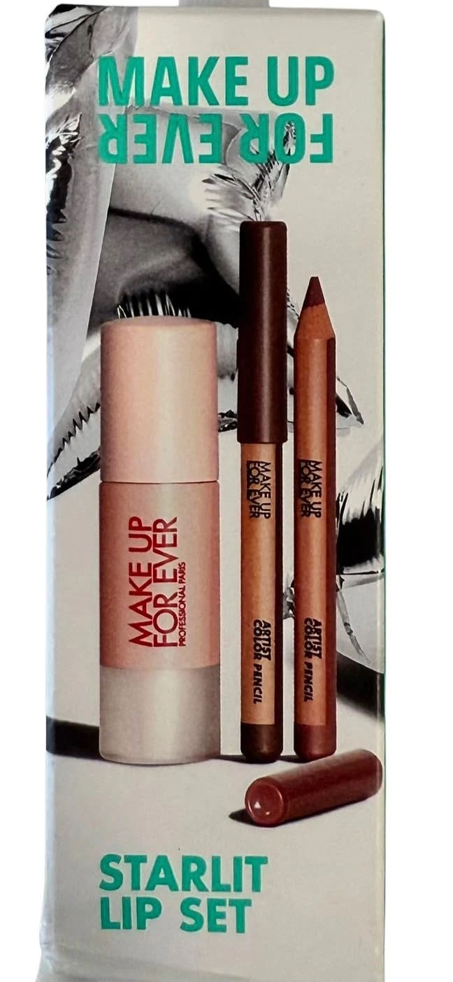 Make Up For Ever Starlit Lip Set – 3-Piece Lip Kit with Artist Color Pencils (Wherever Walnut 606 & Limitless Brown 608) + Super Boost Crystal Lip Gloss – 0.02 oz Each Pencil / 0.3 fl. oz Gloss