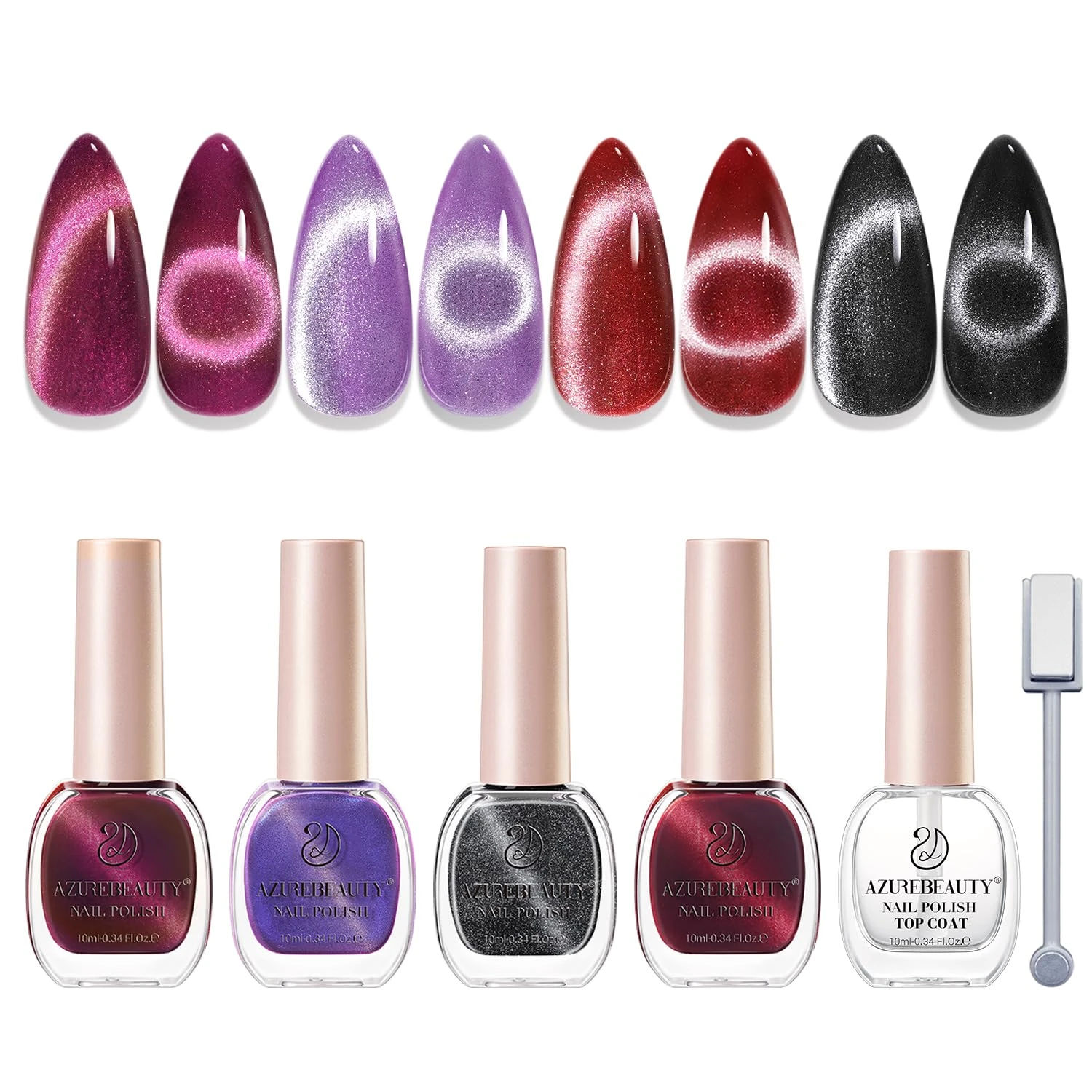 Amazon.com : AZUREBEAUTY Cat Eye Nail Polish Set Quick Dry Mooncat Glitter Holographic Purple Black Red 4 Colors Natural Fingernail with Top Coat DIY Salon Home no Gel : Beauty & Personal Care