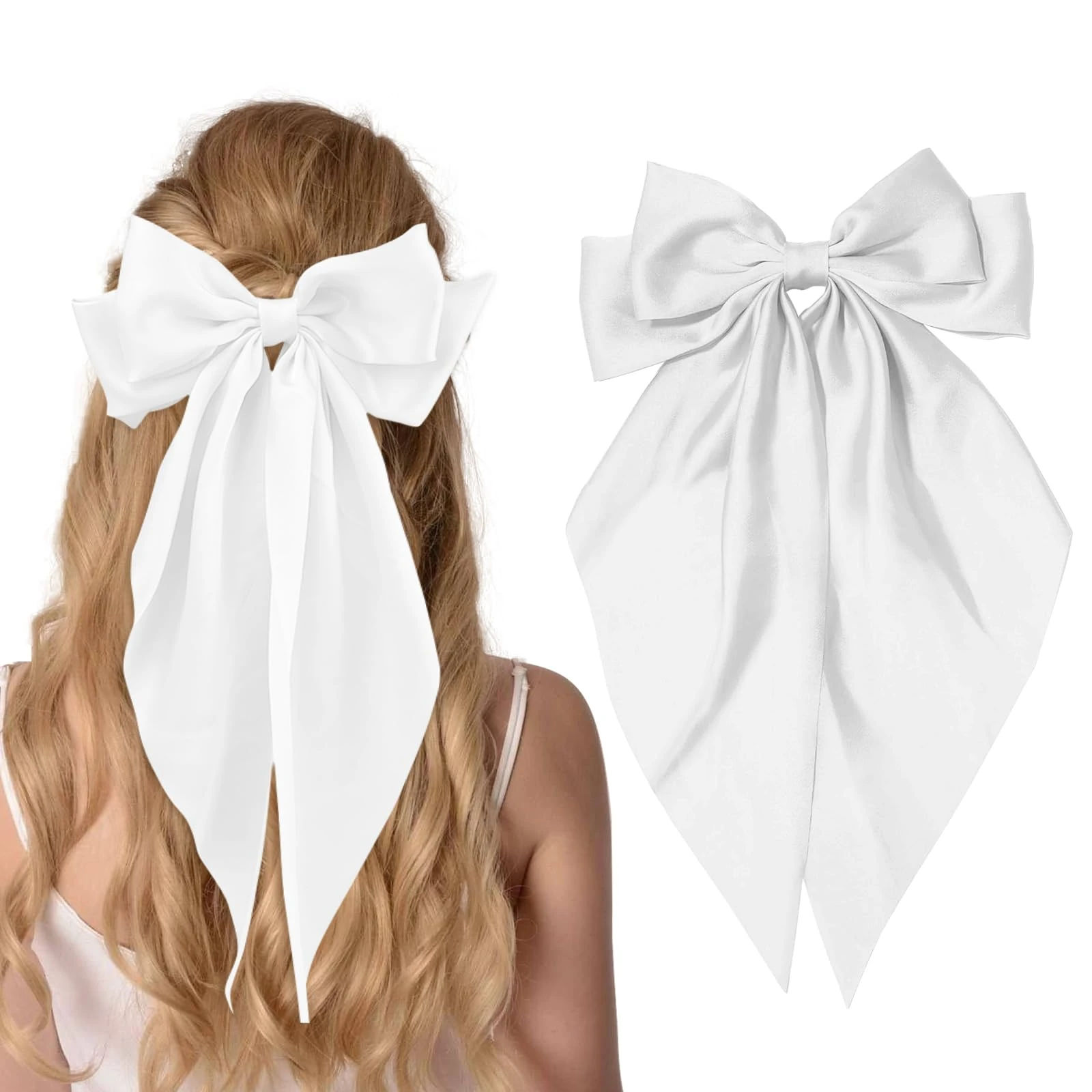 Amazon.com : Big Bow Hair Clips for Girls Silky Satin Hair Bows Large Hair Barrettes Cute with Long Tails Wedding White Hair Accessories for Women Oversized（white) : Beauty & Personal Care