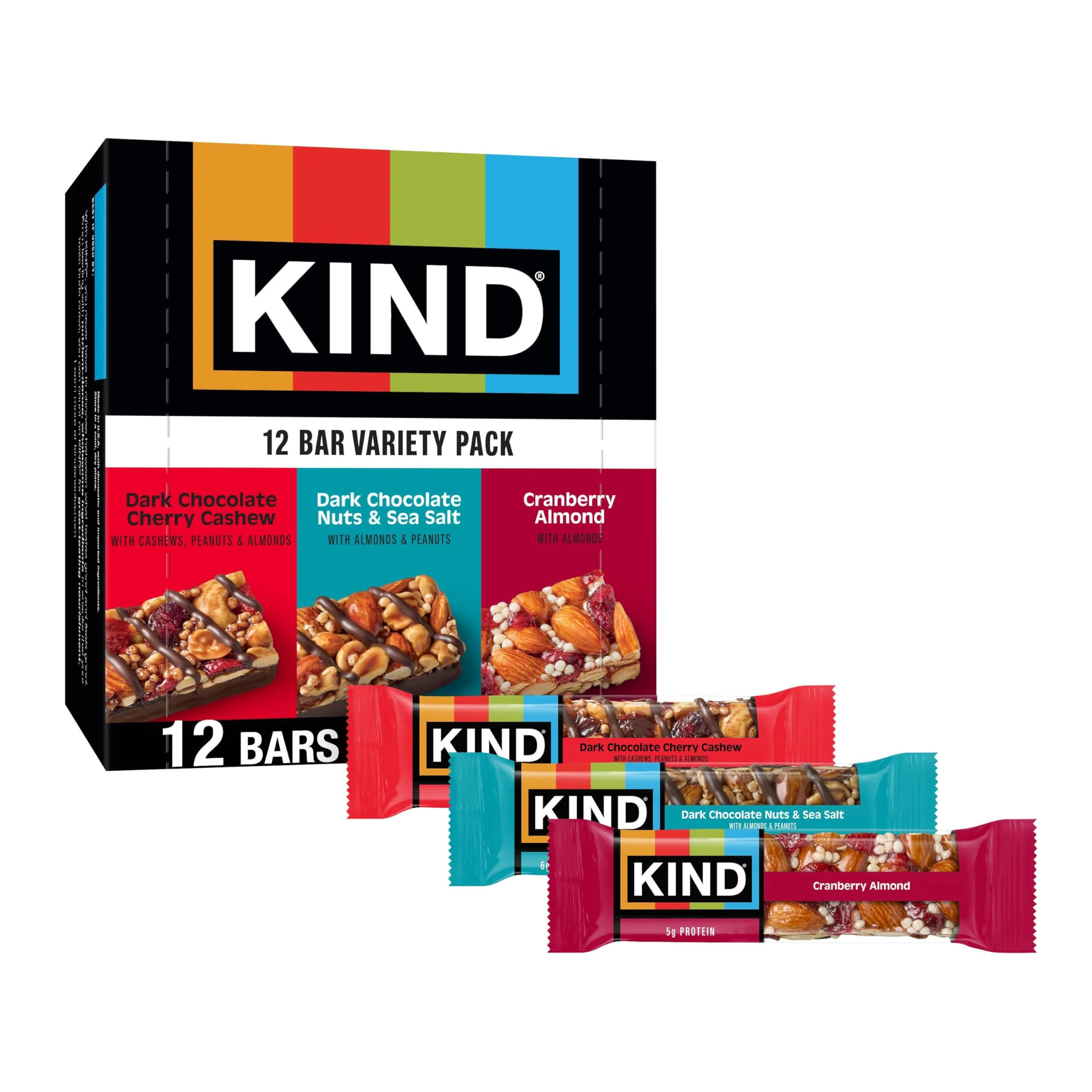 Amazon.com: KIND Nut Bars, Cranberry Almond, Dark Chocolate Nuts & Sea Salt, and Dark Chocolate Cherry Cashew, Healthy Snack Bars, Gluten Free, Low Sugar, 4-6g Protein, 12 Count : Grocery & Gourmet Food