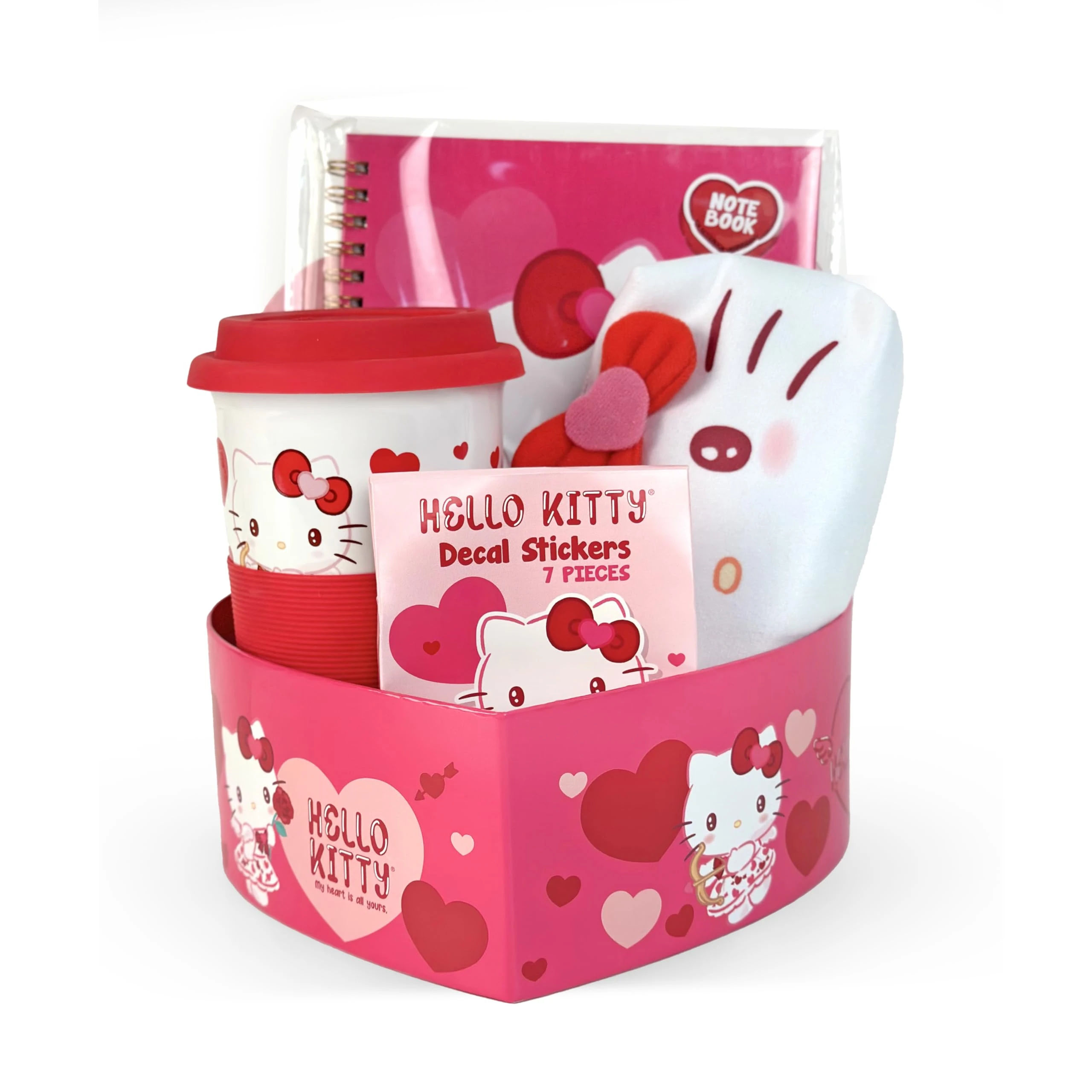 Amazon.com: Megatoys Hello Kitty Holiday Deluxe Love Heart Gift Set - Hello Kitty Mug, Notebook, 7pc vinyl stickerset, plush pencil pouch, heart shaped gift box. : Home & Kitchen