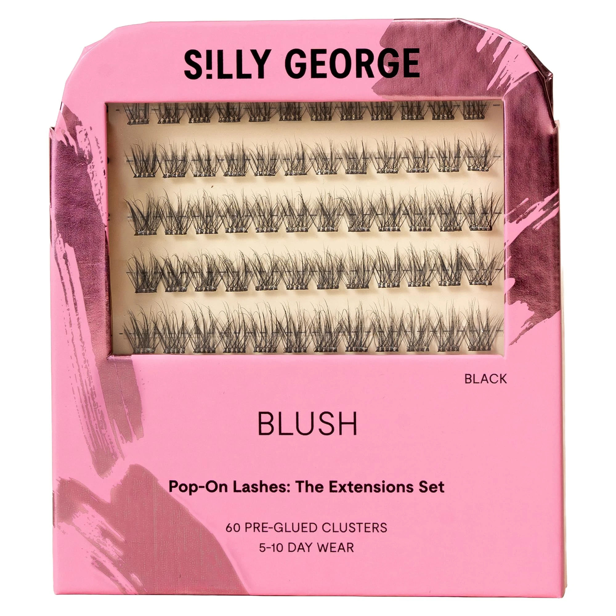 Silly George Pop-On Lashes - DIY 1-Step Pre-Glued Faux Eyelash Clusters, Natural Look Extensions, Black - Blush, 5-7 Pair Set, Pack of 60 Clusters