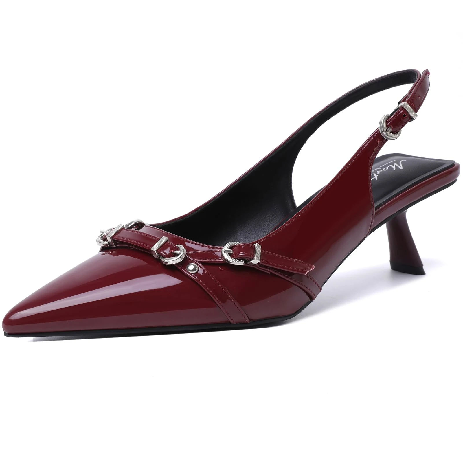 Mostrin Kitten Heels for Women Pointed Toe Pumps Patent Leather Low Heel Slingback Heels with Buckle Dress Shoes for Dating Party Working