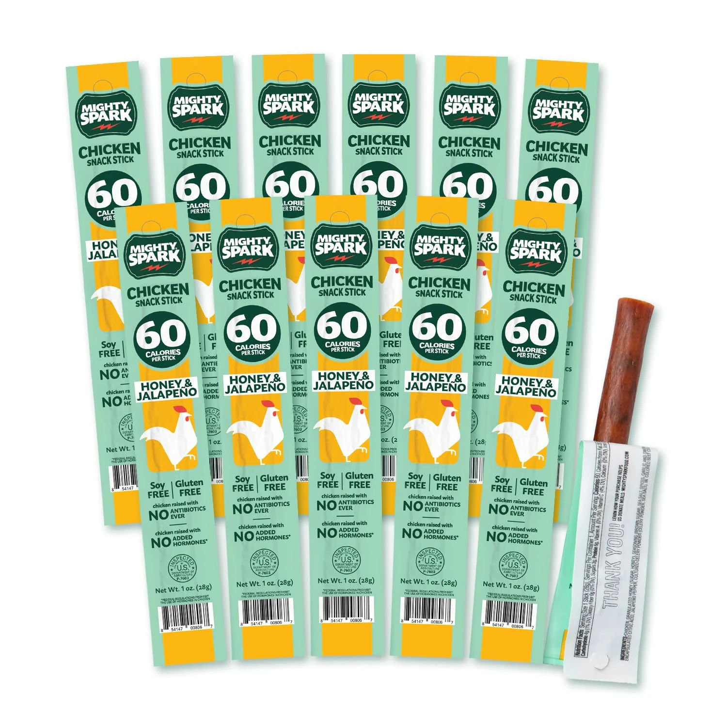 Amazon.com: Mighty Spark Chicken Snack Sticks - Honey and Jalapeno - 6g of Protein, No Antibiotics Ever, No Hormones Added, Gluten Free, Soy Free Meat Sticks - High Protein Keto Snacks, Weight Watchers Approved Snacks - 12 Count : Grocery & Gourmet Food