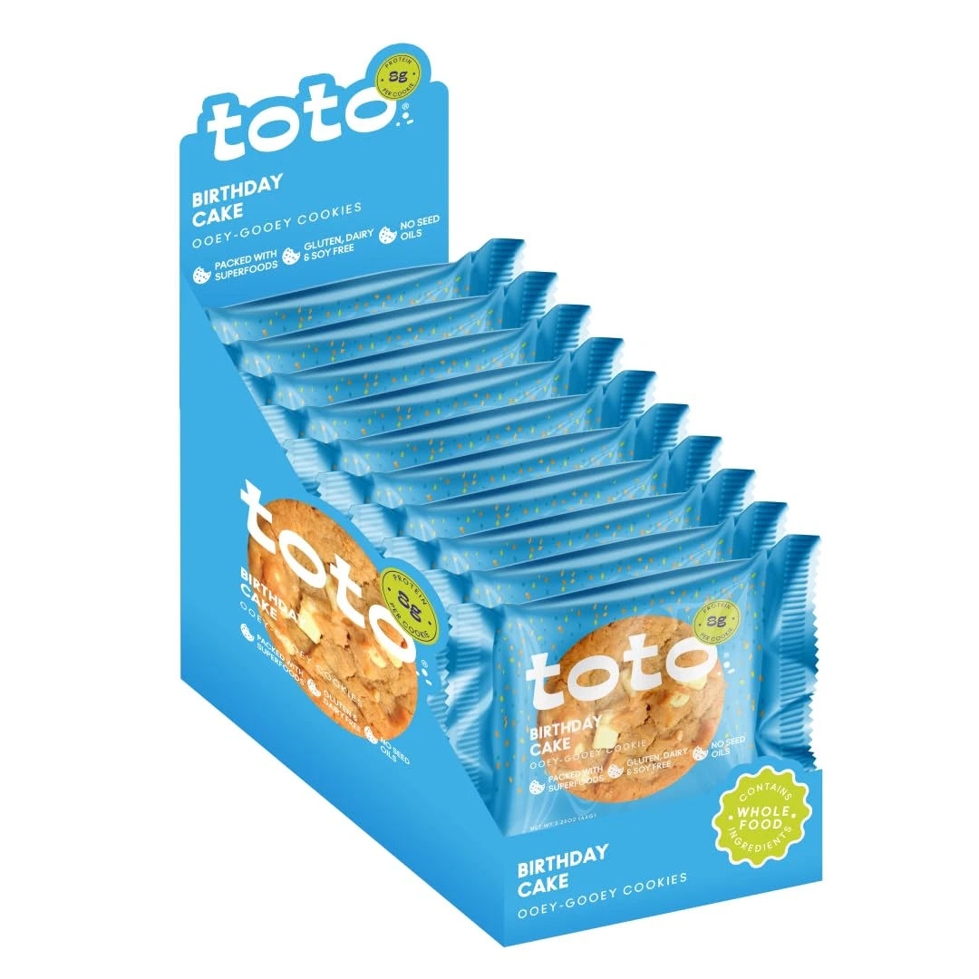 Toto Vegan Cookies, Birthday Cake Cookie, High Fiber Snacks, Gluten Free Cookies, Plant Based Snacks with Superfoods & Adaptogens, 8gr Protein Cookies, Pack of 10 Individually Wrapped Cookies
