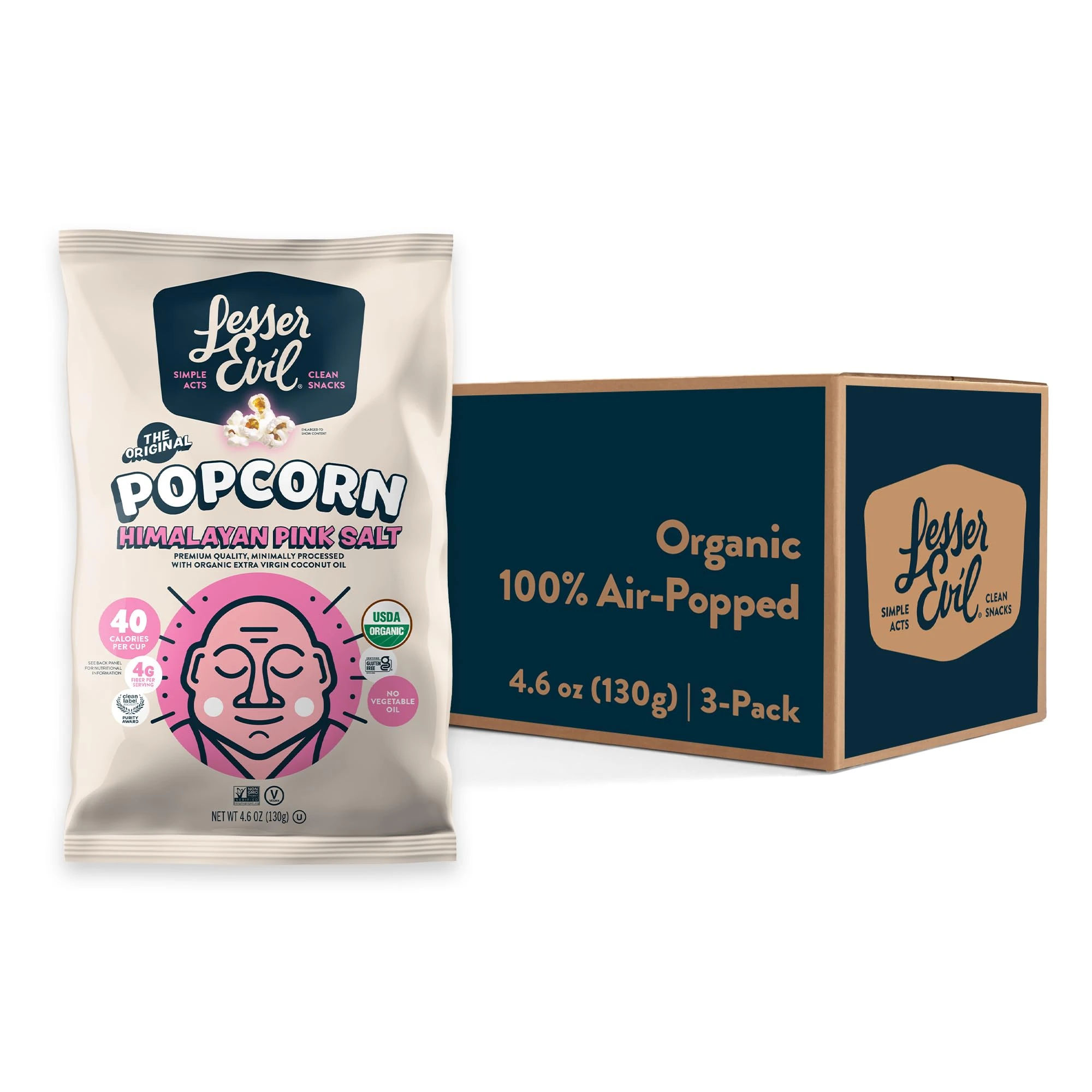 LesserEvil Himalayan Pink Salt Organic Popcorn, Premium Quality, Minimally Processed, No Vegetable Oil, 4.6 Oz, (Pack of 3)