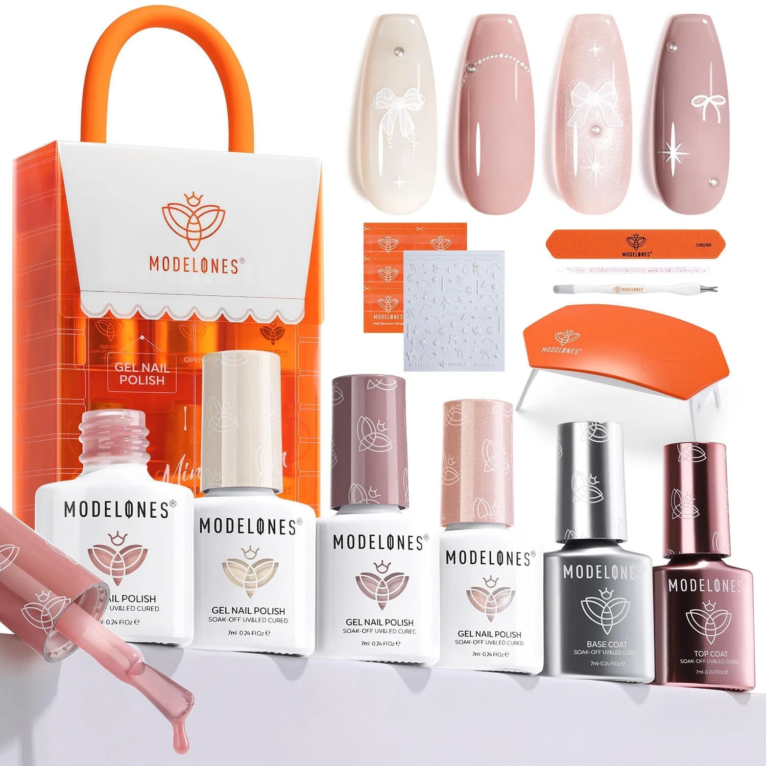 Amazon.com: modelones Gel Nail Polish Kit with U V Light, 4 Colors Gel Mini Salon, Base&Top Coat and Stickers, Milky White Nude Pink Glitter Fall Manicure Set, DIY Home Nail Art Decoration Kit, Gift for Women : Beauty & Personal Care