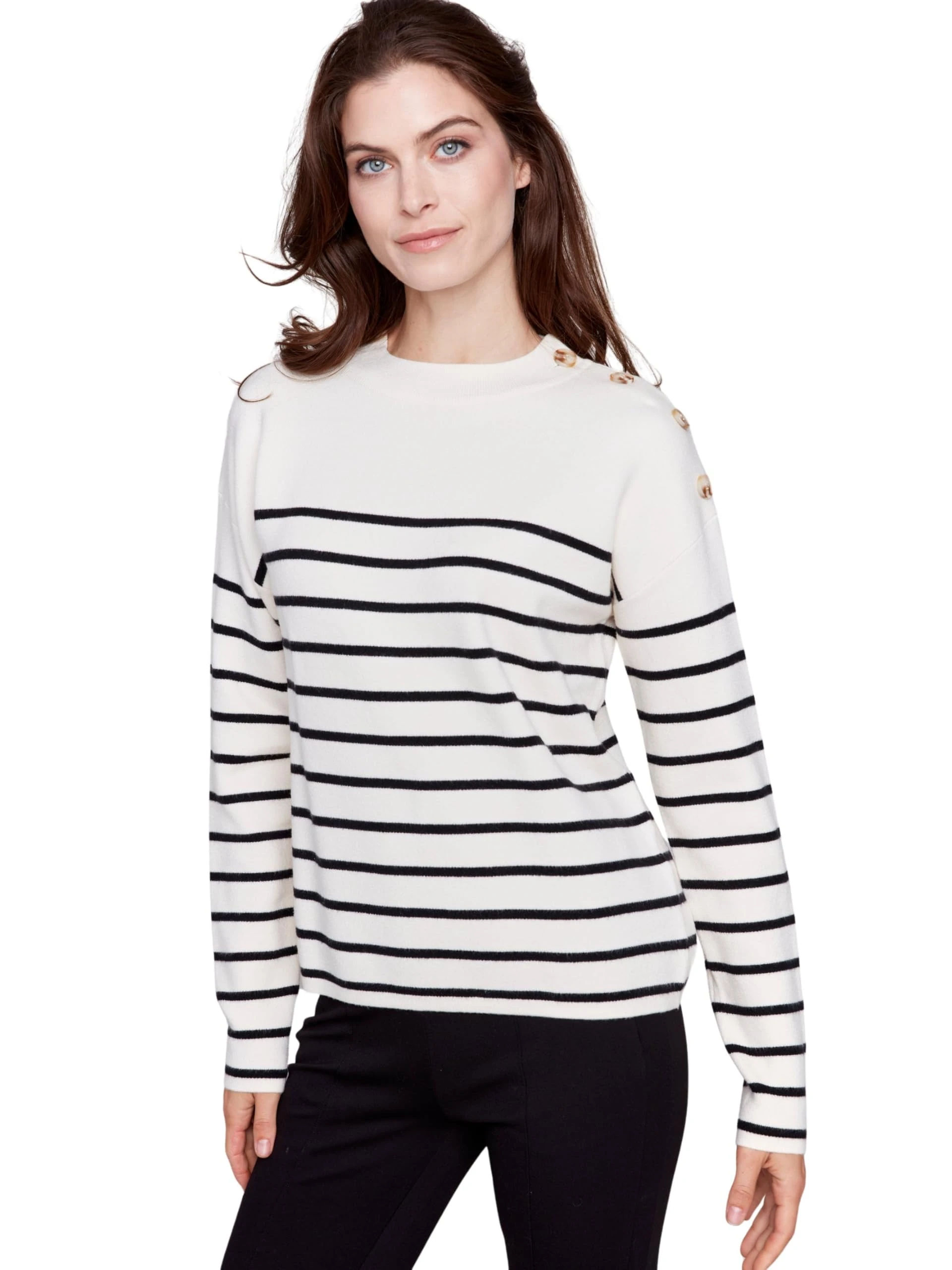 Charlie B Striped Sweater with Button Detail Ecru/Small at Amazon Women’s Clothing store