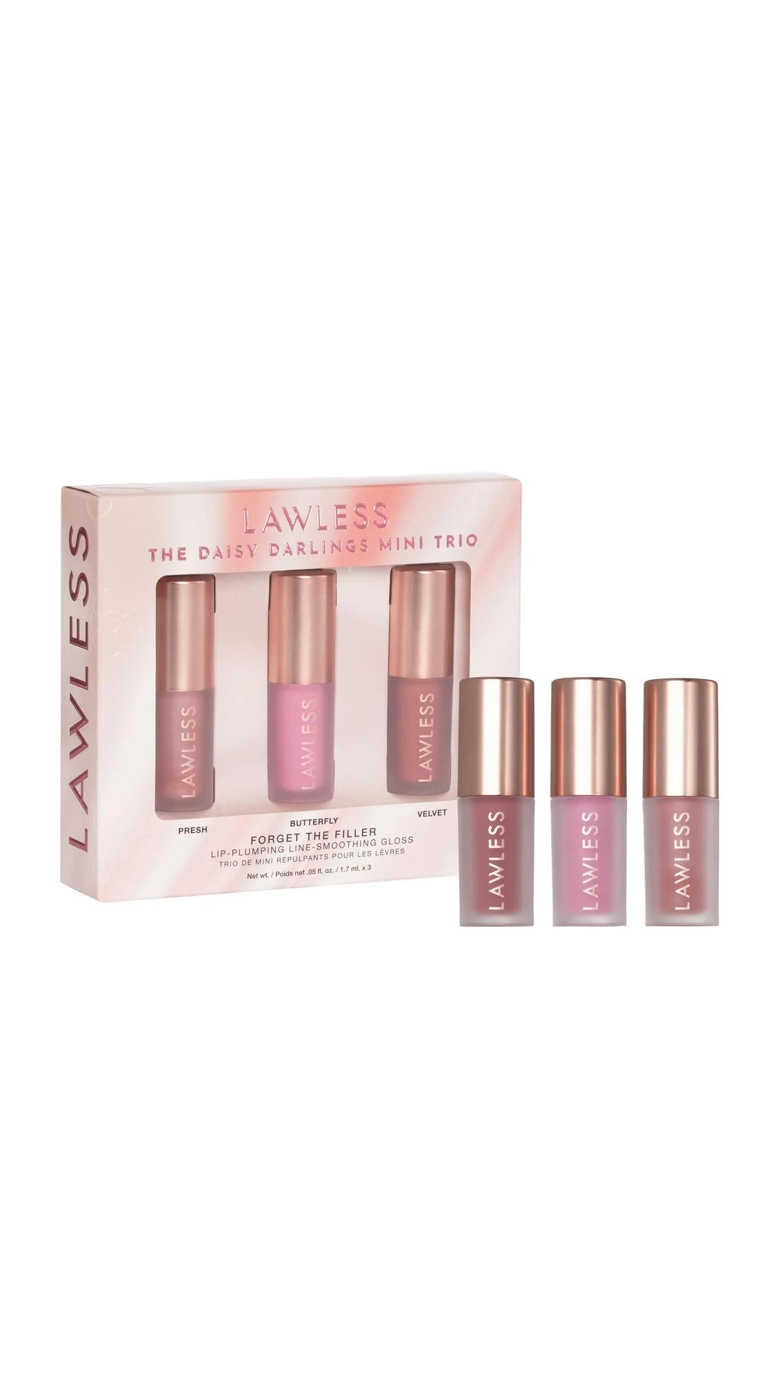 Lawless The Daisy Darlings Mini Trio – Forget The Filler Lip Plumping Line Smoothing Gloss Set – 3 x 0.05 fl. oz – Shades: Presh, Butterfly, Velvet