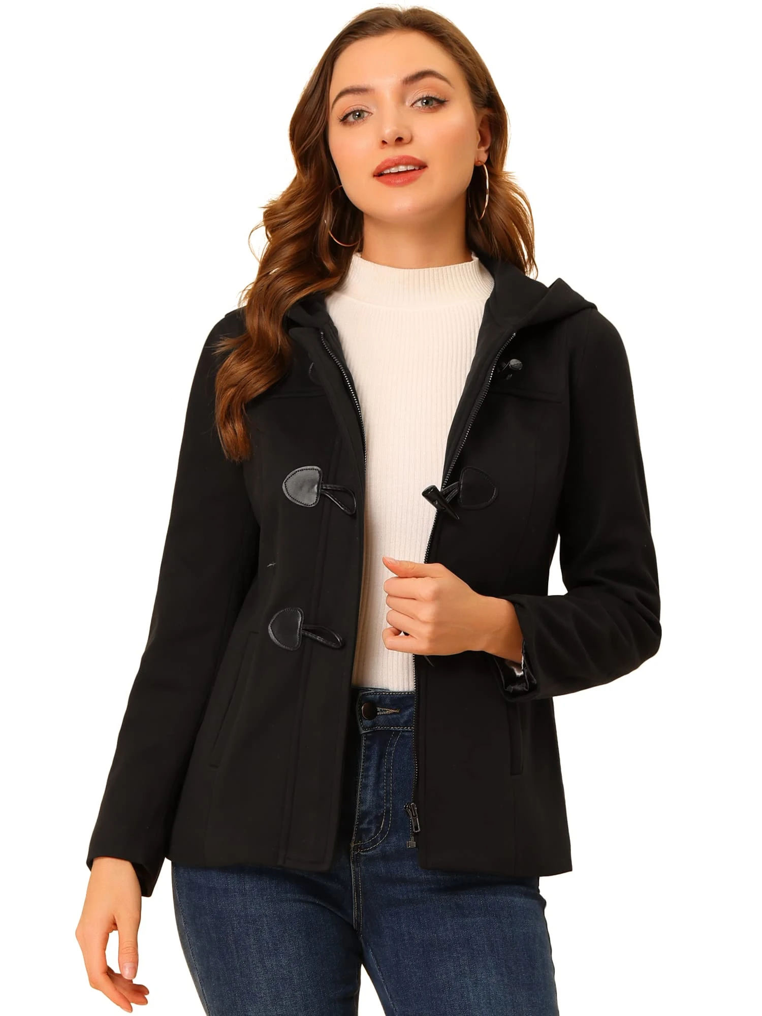 Amazon.com: Allegra K Women's Casual Winter Outwear Hooded Button Peacoat Toggle Duffle Coat Small Black : Clothing, Shoes & Jewelry