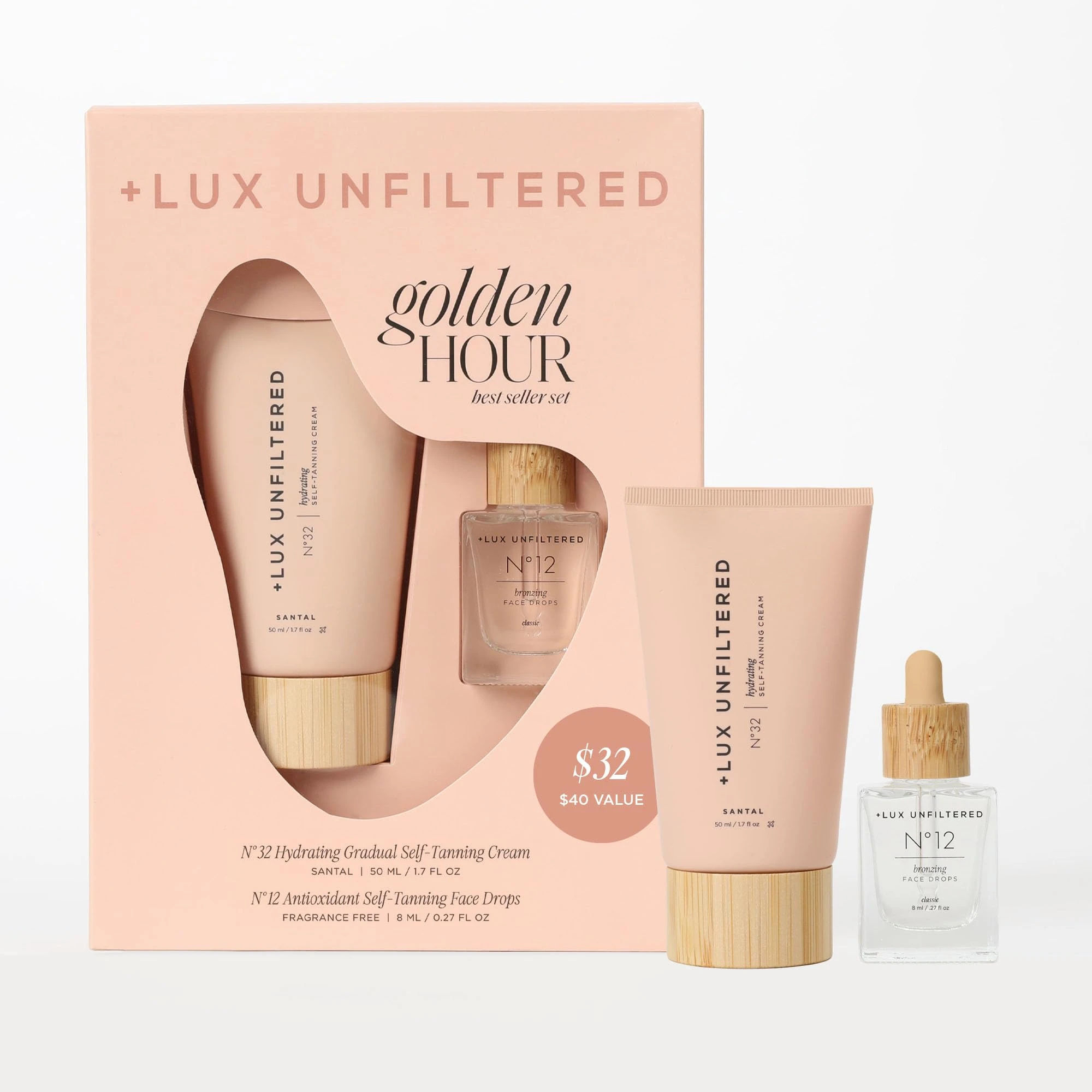 Amazon.com: + Lux Unfiltered Mini Golden Hour Set - Includes N°32 Gradual Self Tanner in Santal 1.7 fl oz & N°12 Face Tanning Drops 0.27 fl oz - Travel Size Self Tanner - Vegan & Cruelty Free : Beauty & Personal Care