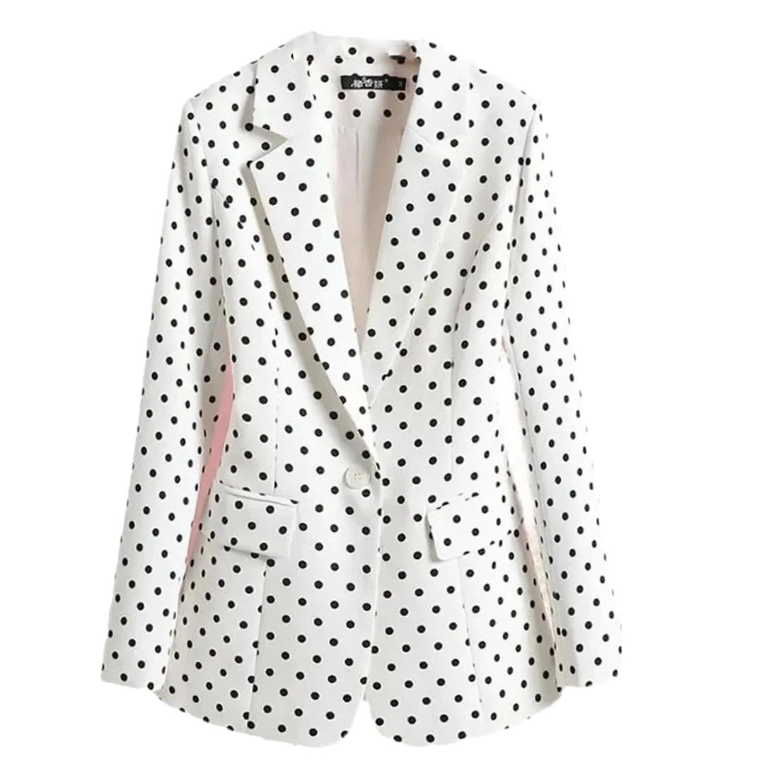 Womens Polka Dot Small Blazer Jacket Single Button Slim Notched Neck Office Suit Coat White M(6) at Amazon Women’s Clothing store