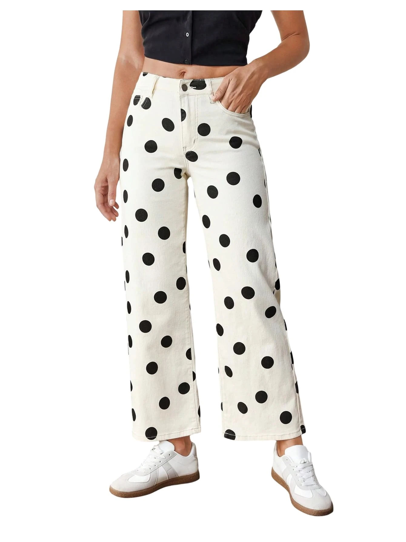 MakeMeChic Women's Polka Dots Jeans Low Waist Stretch Straight Leg Denim Pants