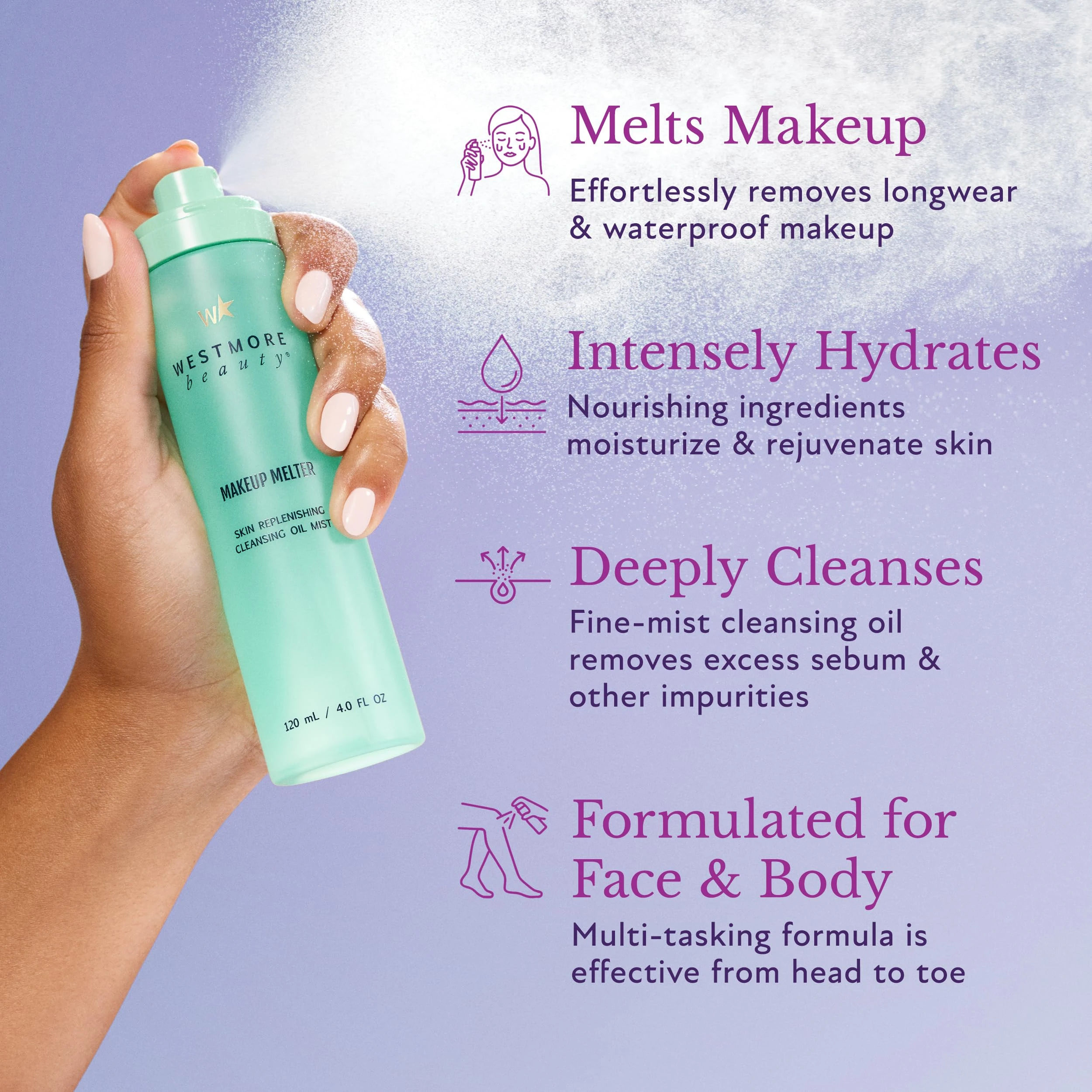Westmore Beauty Makeup Melter - Makeup Remover Oil Cleanser, Skin Replenishing Cleansing Oil Mist & Face Cleanser 4 OZ