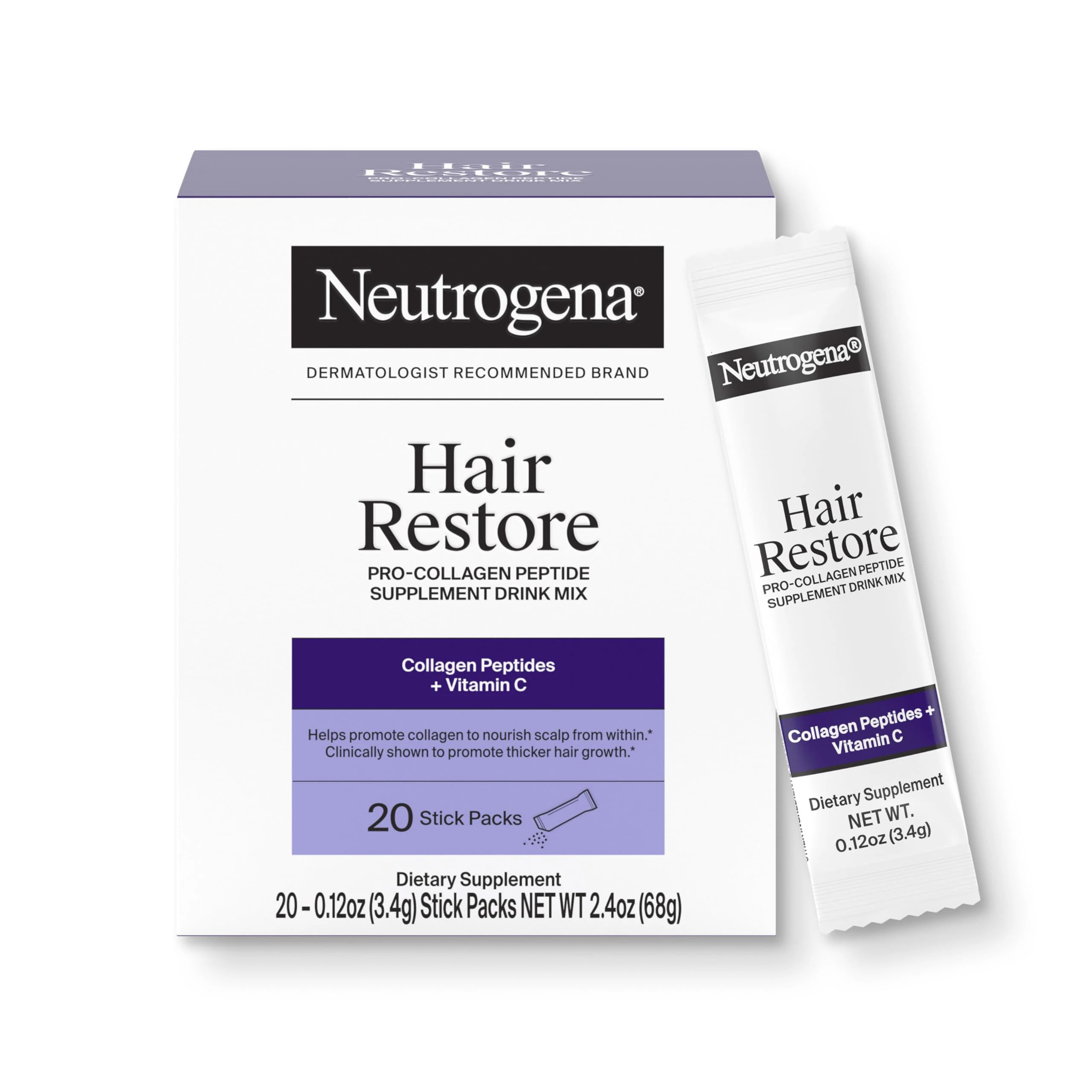 Amazon.com : Neutrogena Hair Restore Pro-Collagen Peptide Supplement, Powder Drink Mix with Vitamin C Supports Keratin Production, Nourishes Scalp from Within & Promotes Thicker Hair, 20 Stick Packs : Health & Household
