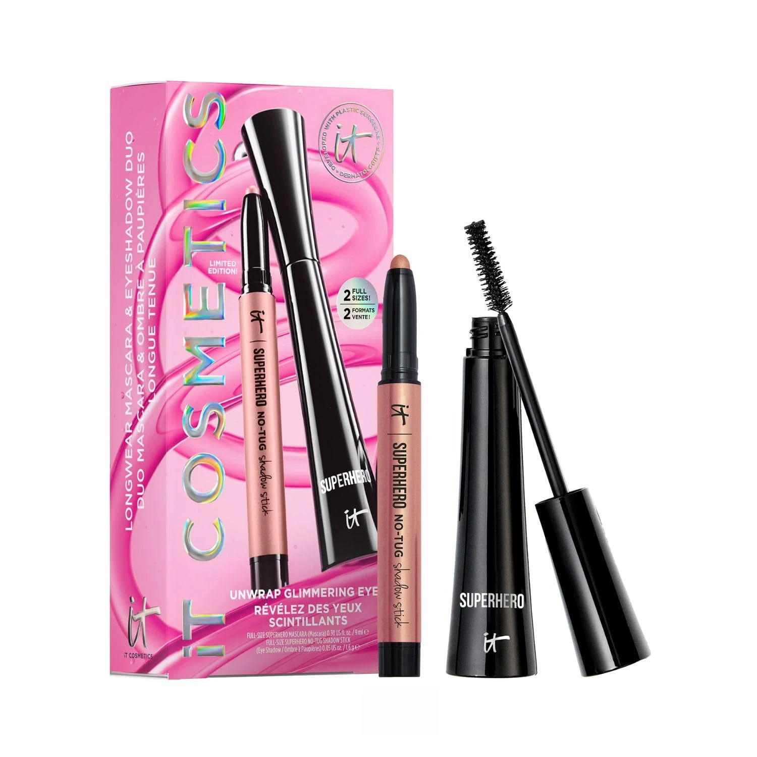 Amazon.com: IT Cosmetics Unwrap Glimmering Eyes Mascara & Eyeshadow Stick Makeup Set , 2-Pc Holiday Giftset for Her - Full Size Makeup - Superhero Waterproof Cream Eye Shadow & Volumizing Lengthening Mascara : Beauty & Personal Care