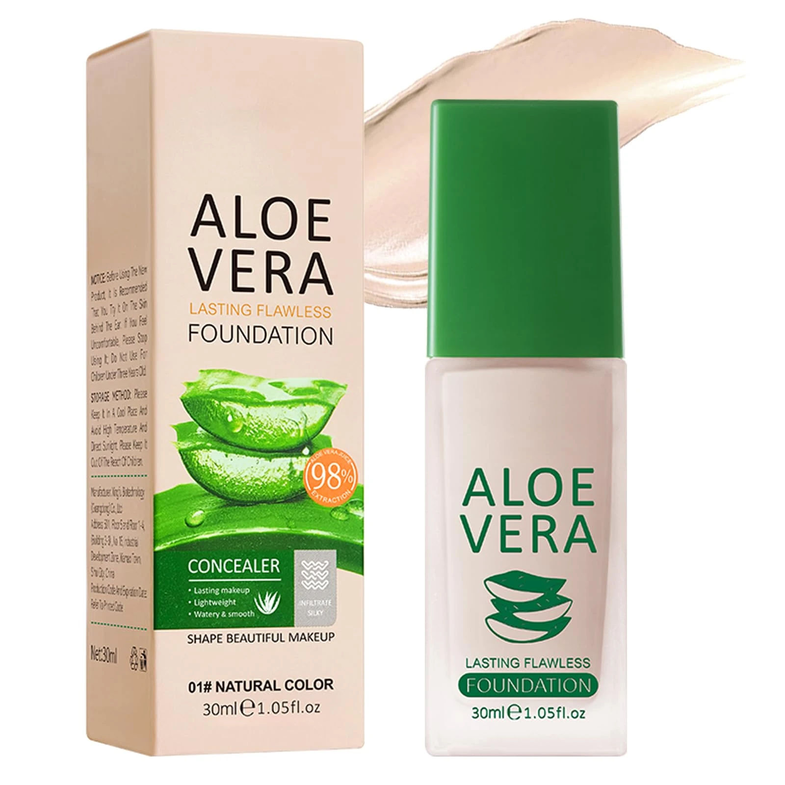 Aloe-Infused Foundation, Hydrating Skincare Makeup with Aloe Leaf, Medium to High Buildable Coverage, Lightweight & Breathable Vegan Liquid Formula, 1.05 fl oz, Natural