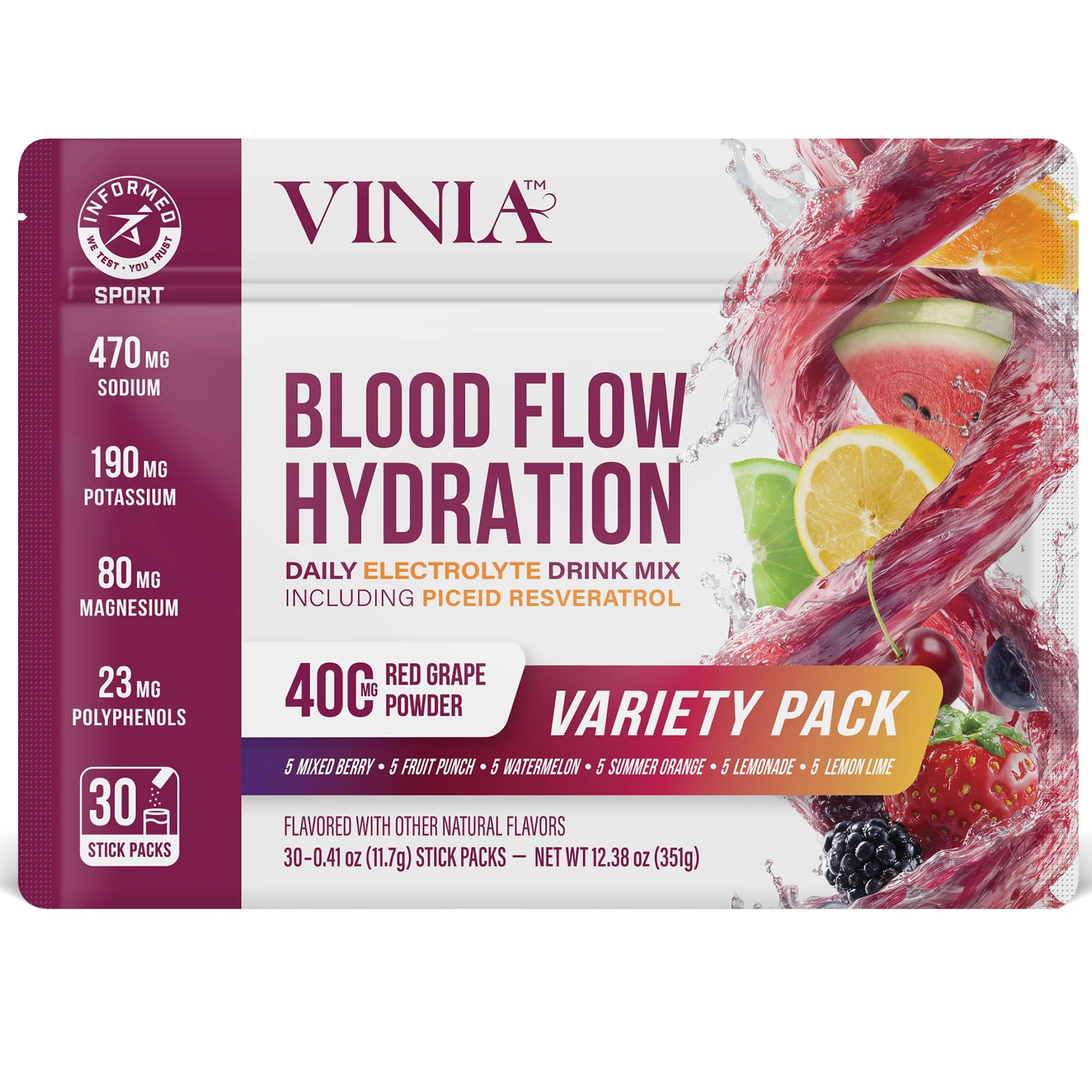 VINIA Resveratrol Electrolyte Hydration Powder Mix, Sampler Pack | Boost Blood Flow & Circulation | Sea Salt, Coconut Water Potassium, Magnesium, Informed Sport Certified, 30 Sticks