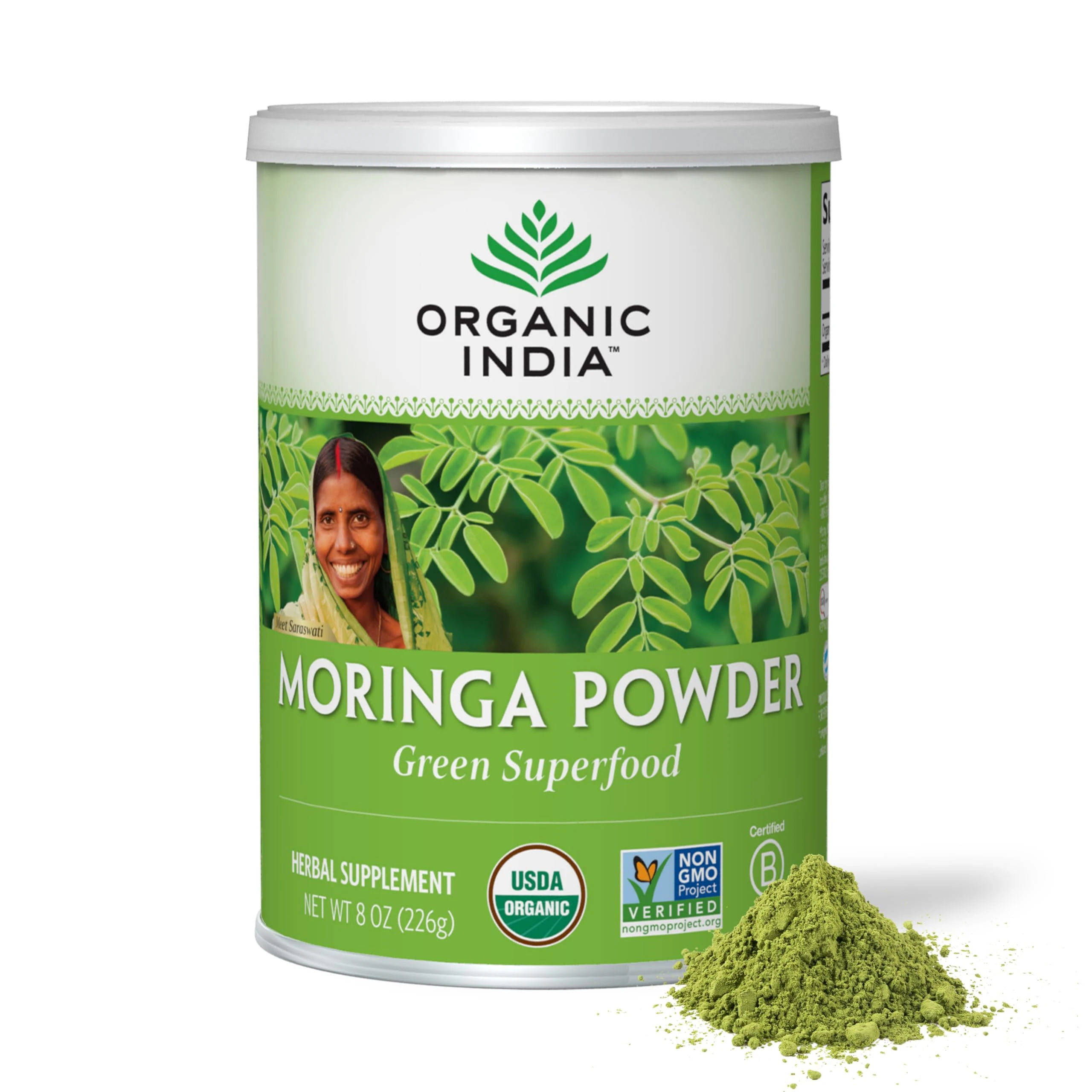 Organic India Moringa Herbal Supplement Powder - Green Superfood, Nutrient Dense, Pure Plant Protein, Vitamin A, E, K, Iron, Calcium, Fiber, Vegan, Gluten-Free, USDA Certified Organic - 8 oz Canister