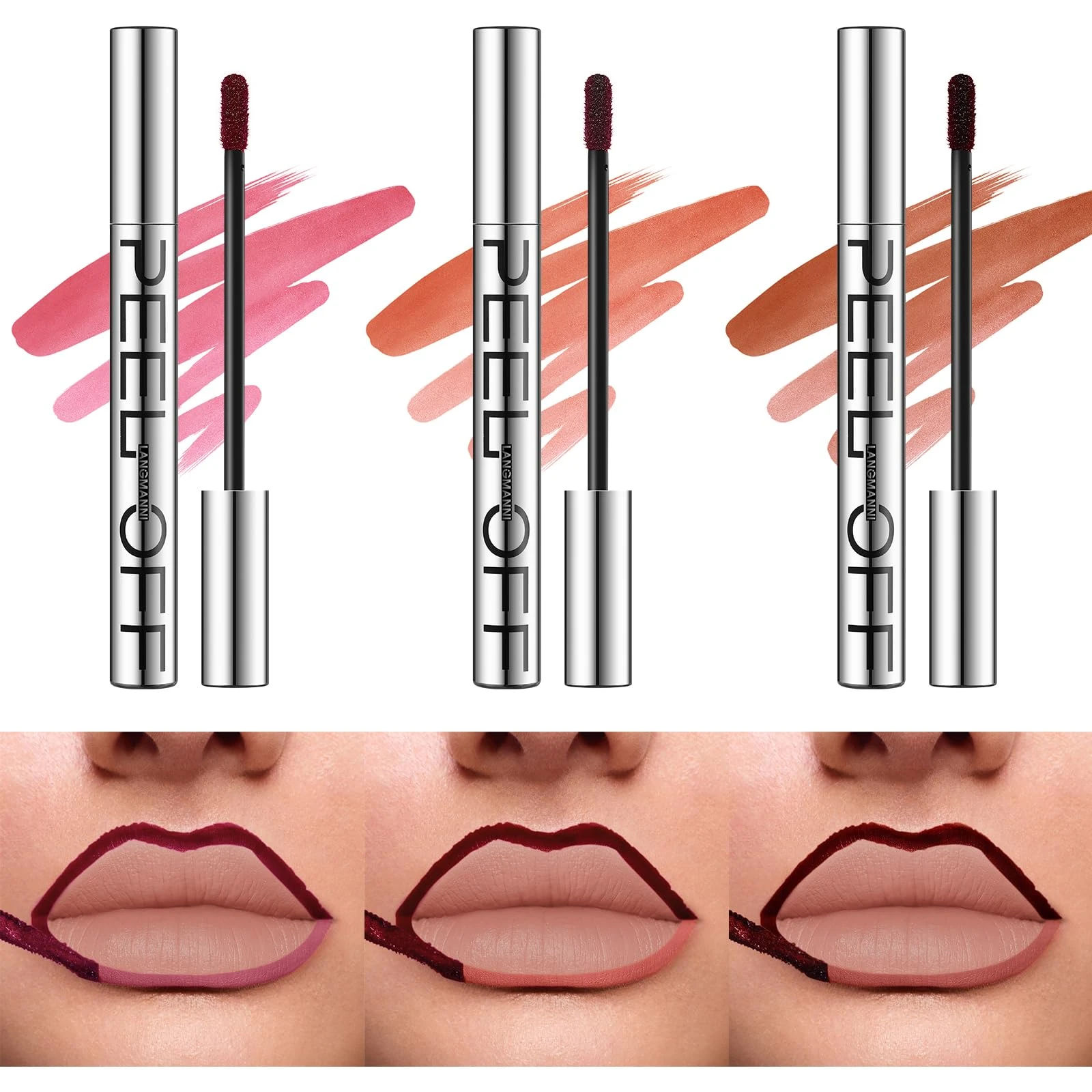 LANGMANNI 3 Colors Long-Lasting Peel Off Lip Liner Set, Waterproof & Smudge-Proof Matte Lip Liners Gift Makeup For Girls (#1+2+3)
