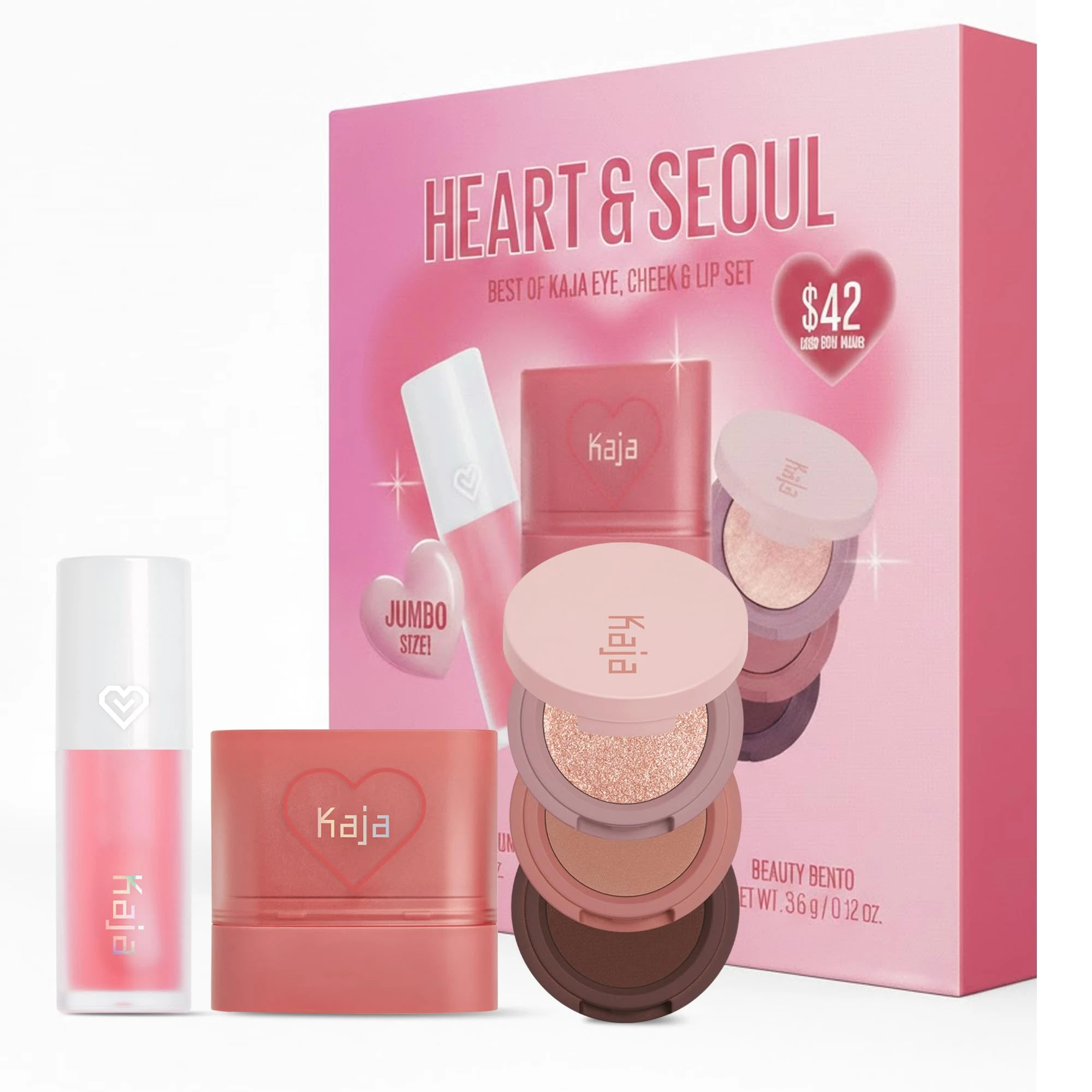 KAJA Heart & Seoul Best of Kaja Eye, Cheek & Lip Set - Includes Jumbo-Sized Plumping Lip Oil Gloss, Cheek & Lip Blush Dewy Bar & 3-Color Beauty Bento Eyeshadow Palette - Face Makeup Women Gift Set