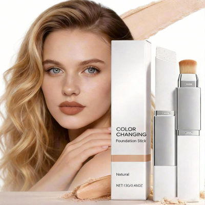 Color Changing Foundation Stick, Dual-Ended Korean Skin Care Foundation Stick, Detachable Brush, Full to Medium Coverage Base Hydrating Makeup Portable & Travel-Friendly