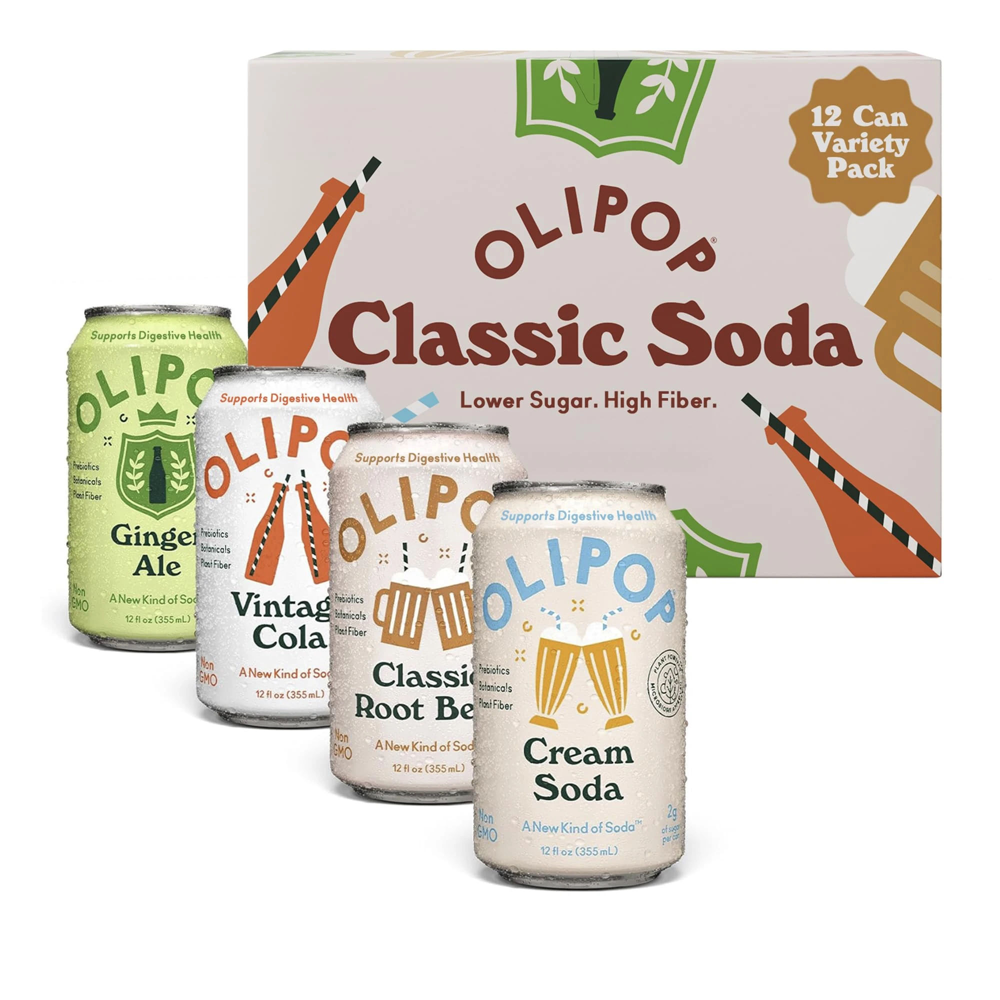 OLIPOP Prebiotic Soda Pop, Classic Soda Variety, Pantry Pack Packed with Prebiotics, Fiber, and Botanicals, Gluten Free, Vegan, GMO Free, 12oz (12-Cans)