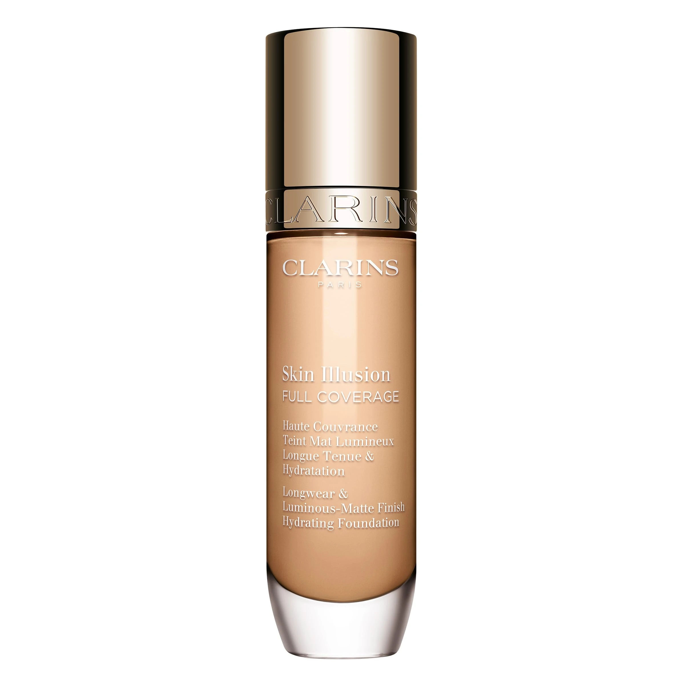 Clarins Skin Illusion Longwear Full Coverage Foundation|Luminous Matte Finish|24H Hold and 24H Hydration|Natural Looking|Transfer, Sweat and Smudge Proof| Contains Hyaluronic Acid|1 Fl Oz
