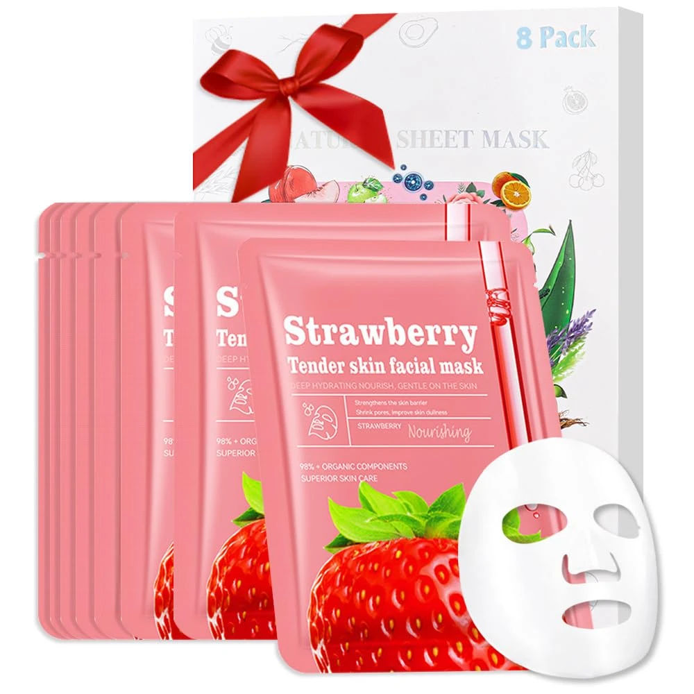8 Pack Strawberry Face Mask,Pink Face Masks Skincare Spa Day Kit Supplies,Spa Party Favors for Women,Sheet Facial Mask Skincare Gifts Set,Moisturize Soothe for All Skin Types