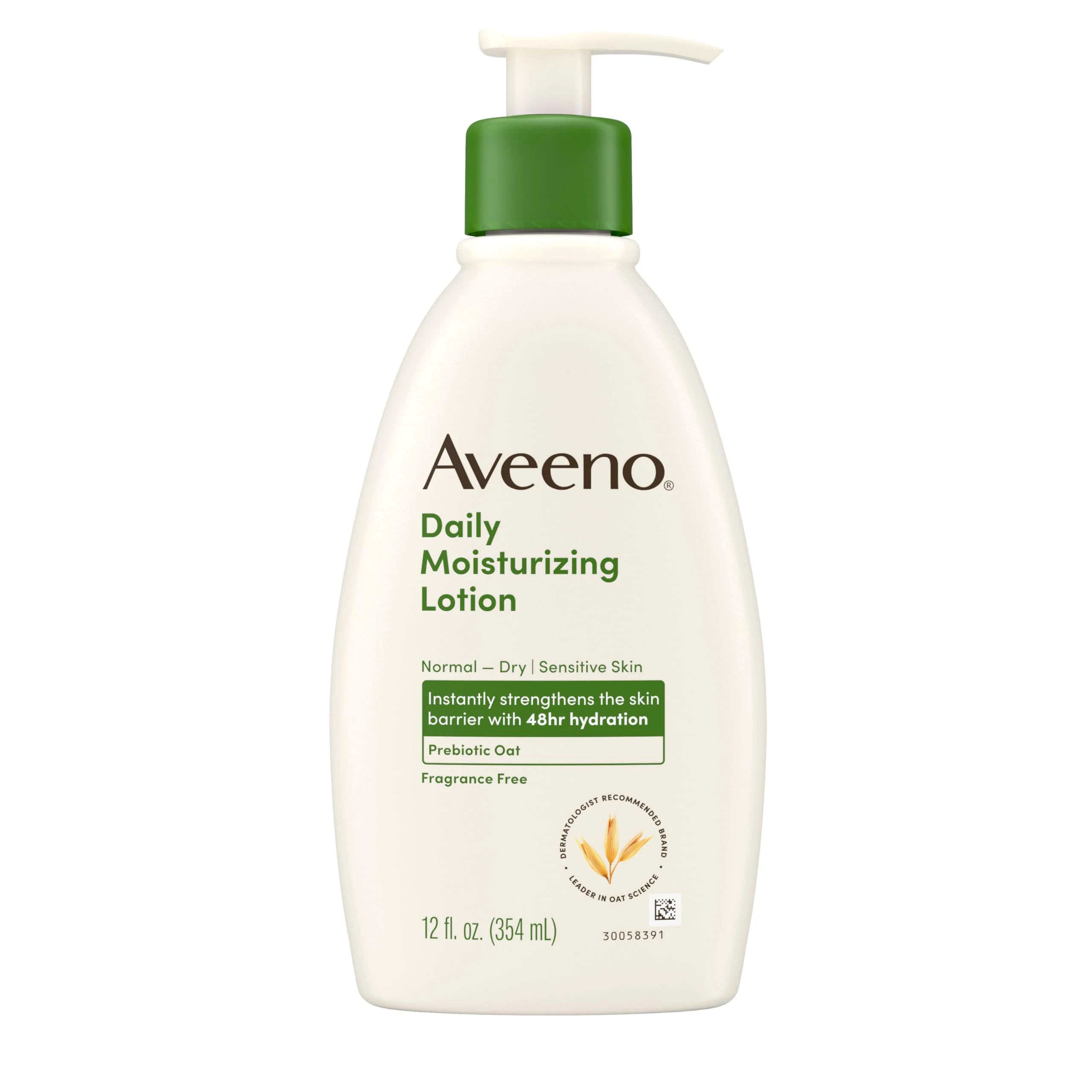 Aveeno Daily Moisturizing Body Lotion with Soothing Prebiotic Oat, Gentle Lotion Nourishes Dry Skin With Moisture, Paraben-, Dye- & Fragrance-Free, Non-Greasy & Non-Comedogenic, 12 fl. Oz