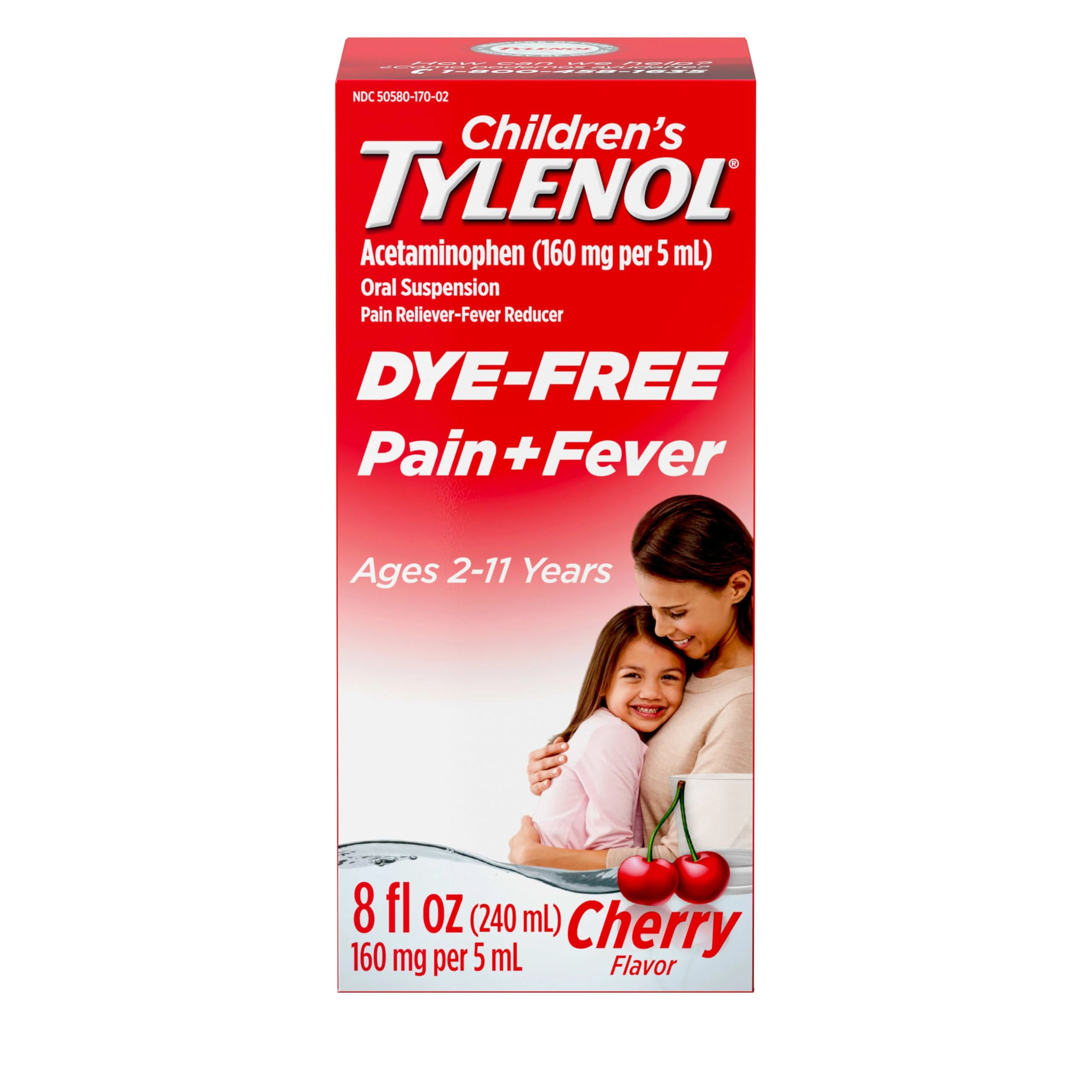 Children's Tylenol Liquid Pain Relief & Fever Medicine, Oral Suspension, Dye-Free, Acetaminophen, No Aspirin, No Ibuprofen, No High Fructose Corn Syrup; Cherry Flavor, 8 fl. oz.; Pack of 1