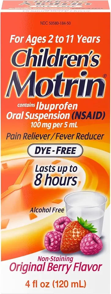 Children's Oral Suspension 100mg Ibuprofen Medicine, NSAID Fever Reducer & Pain Reliever for Minor Aches & Pains Due to Cold & Flu, Dye Free, Alcohol-Free, Berry Flavored, 4 fl. Oz