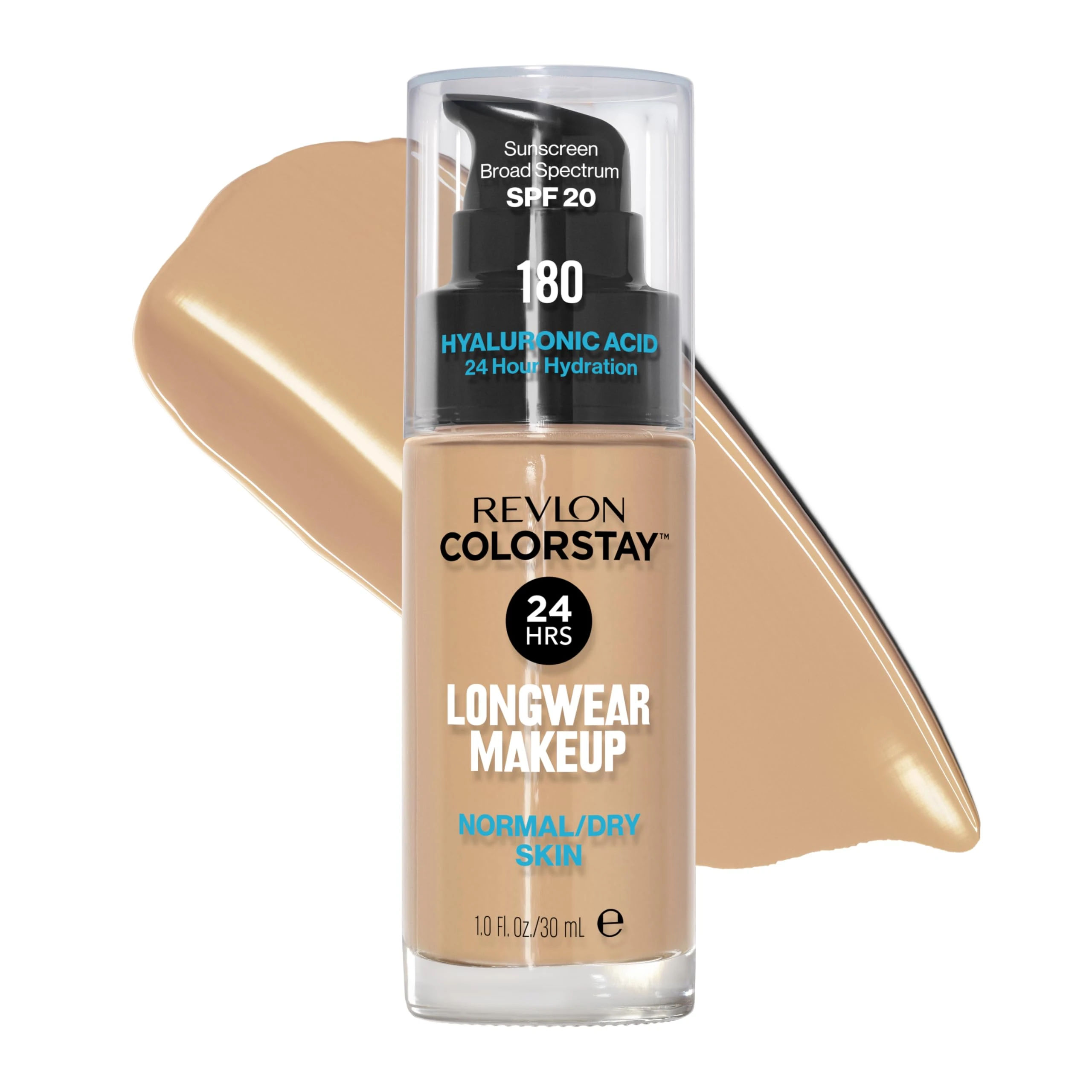 Revlon Liquid Foundation, ColorStay Face Makeup for Normal & Dry Skin, SPF 20, Longwear Medium-Full Coverage with Natural Finish, 180 Sand Beige, 1 fl oz