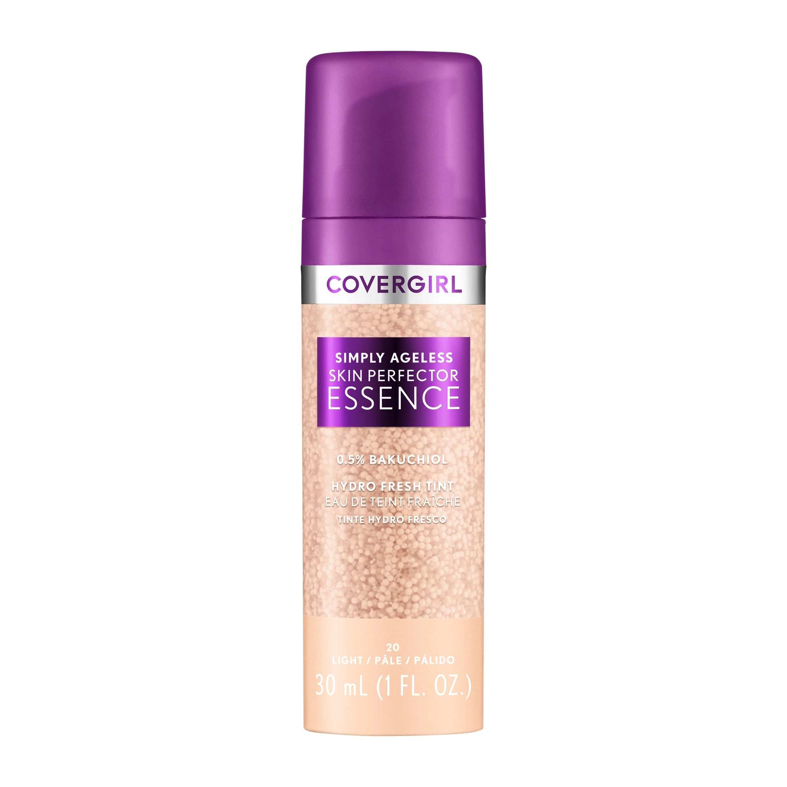 Covergirl Simply Ageless Skin Perfector Essence Foundation, 20 Light, Tinted Skincare Makeup Hybrid, Sheer Tint, Radiant Finish, Glowy Finish, Vegan Formula, 1.0oz