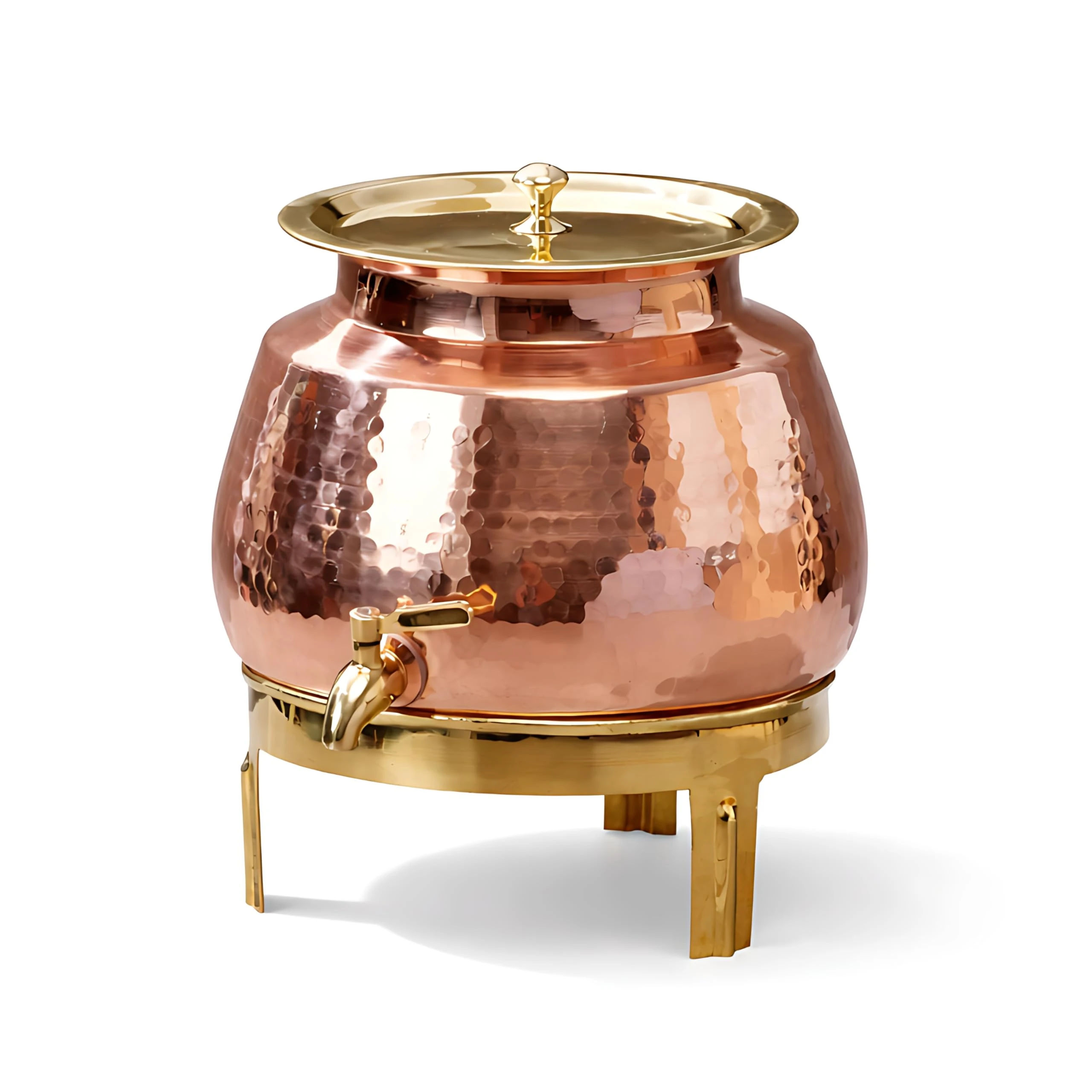 P-TAL Copper Water Dispenser 2.65 Gallons | 100% Pure Copper Pot Heavy Gauge and Hammered with Prefitted Leakproof Brass Spigot, Lid and Stand