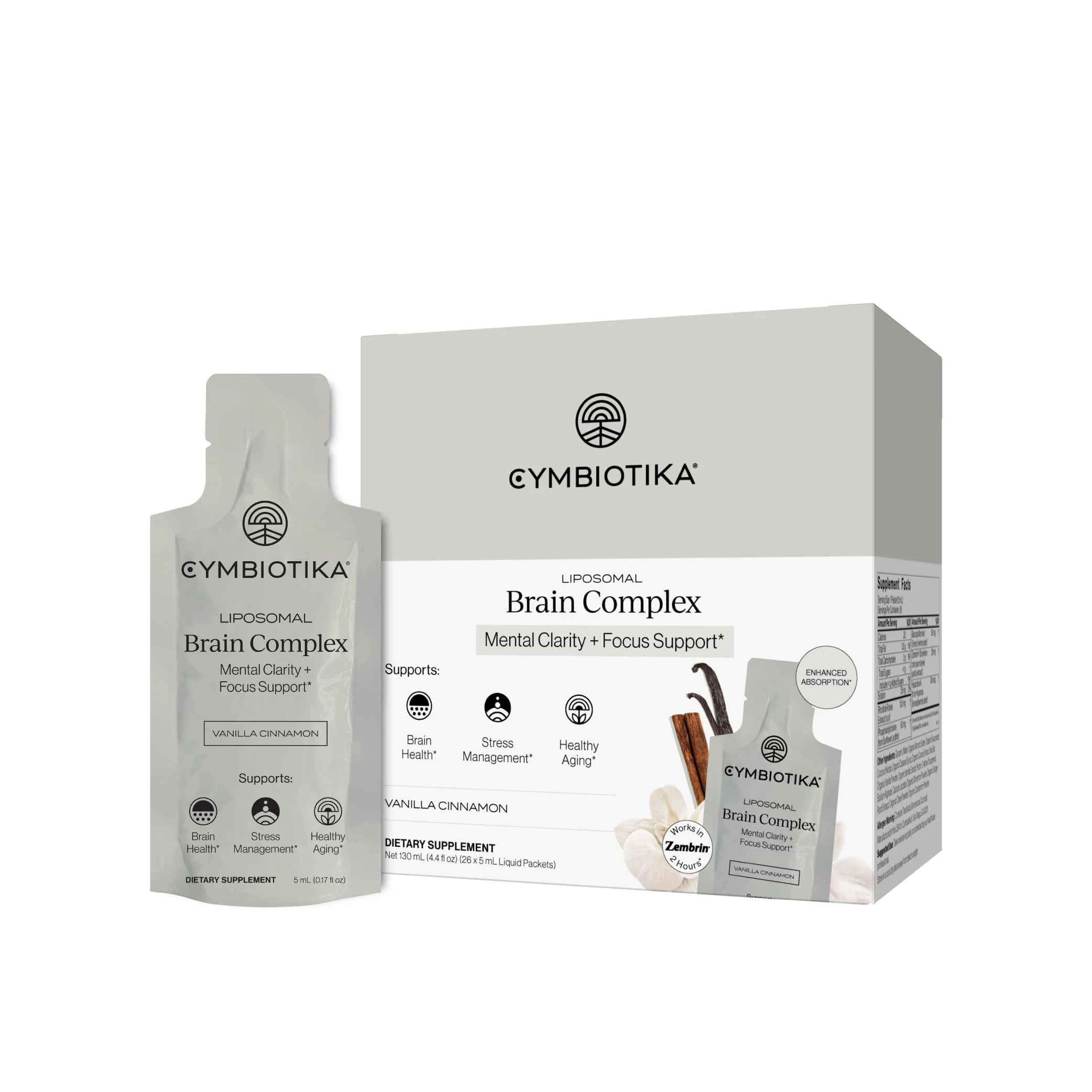 CYMBIOTIKA Liposomal Brain Complex Supplement with Zembrin®, Brain Health, Stress Management, Healthy Aging, Enhanced Absorption, Gluten Free, Soy Free, Plant-Based, 26 x 5 mL Liquid Packets