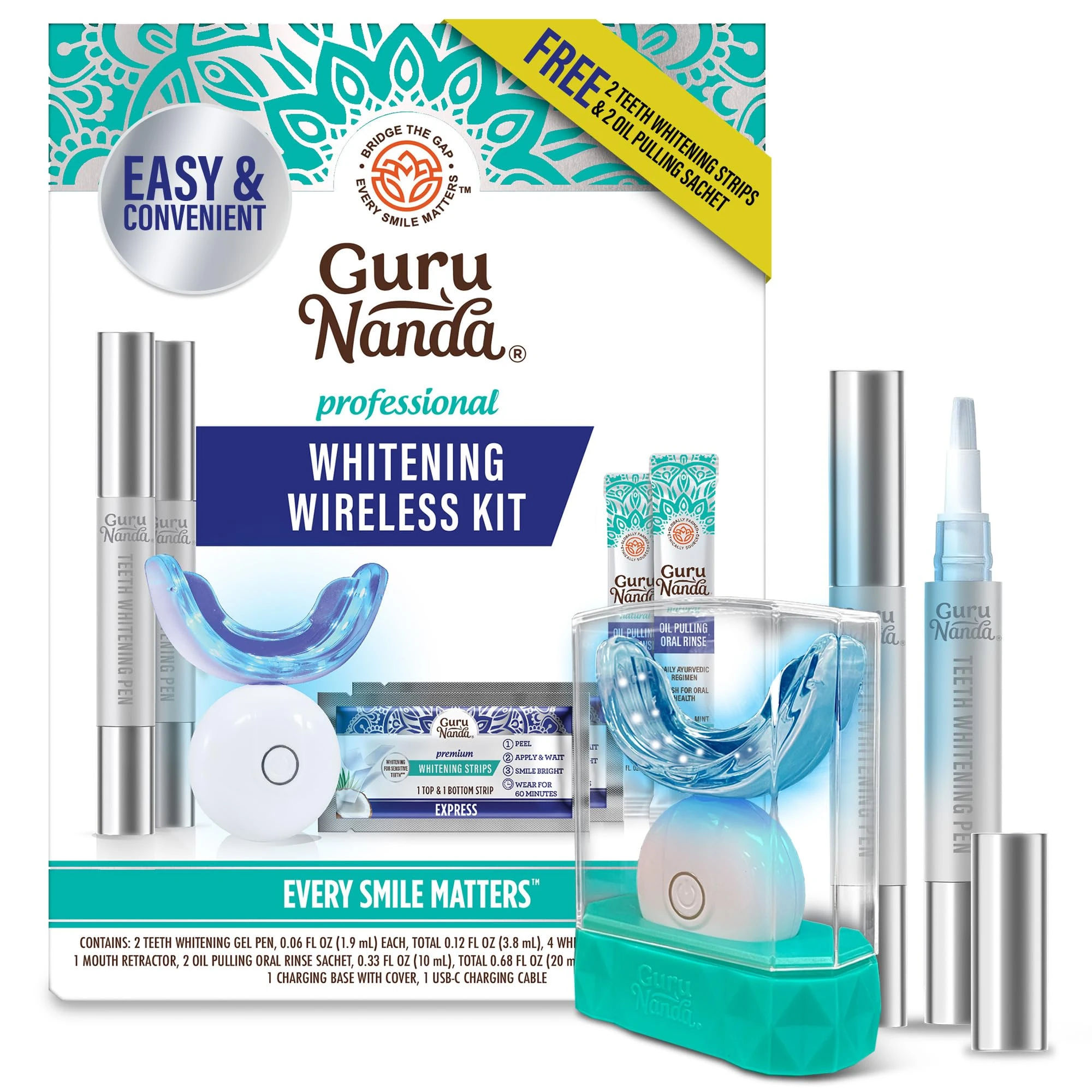 GuruNanda Professional Teeth Whitening Wireless Kit with LED Light & Whitening Pen, Helps Remove Surface Stains from Coffee, Food, Soda, 40 Treatments
