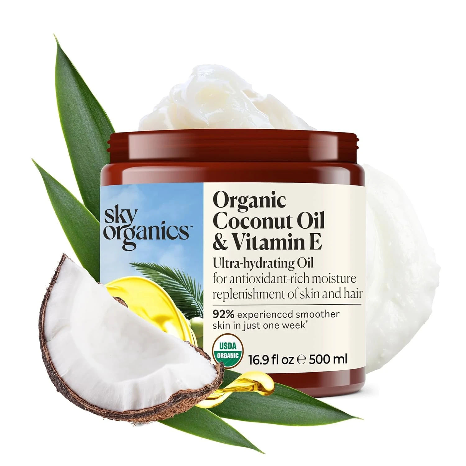 Sky Organics - Organic Coconut Oil & Vitamin E, 16.9 fl oz - Skin & Hair Ultra-Hydrating Oil - Fatty Acids & Antioxidants - Natural, Vegan & Cruelty Free - Skin Care & Hair Care