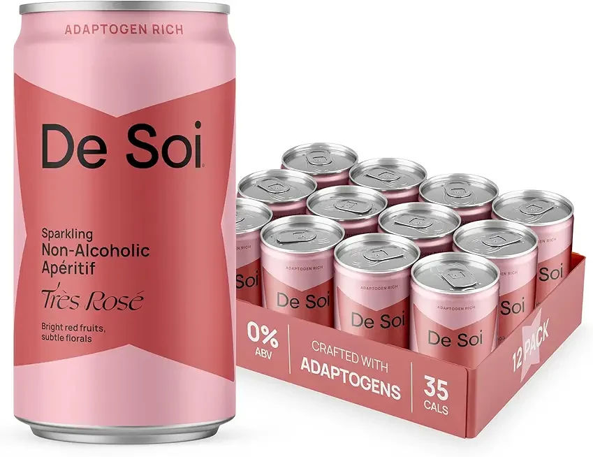 De Soi Très Rosé 12-Pack – Sparkling Non-Alcoholic Rosé-Inspired Drink with Adaptogens, L-Theanine, Lion’s Mane & Reishi Mushroom, Elegant Mocktail & Alcohol Alternative